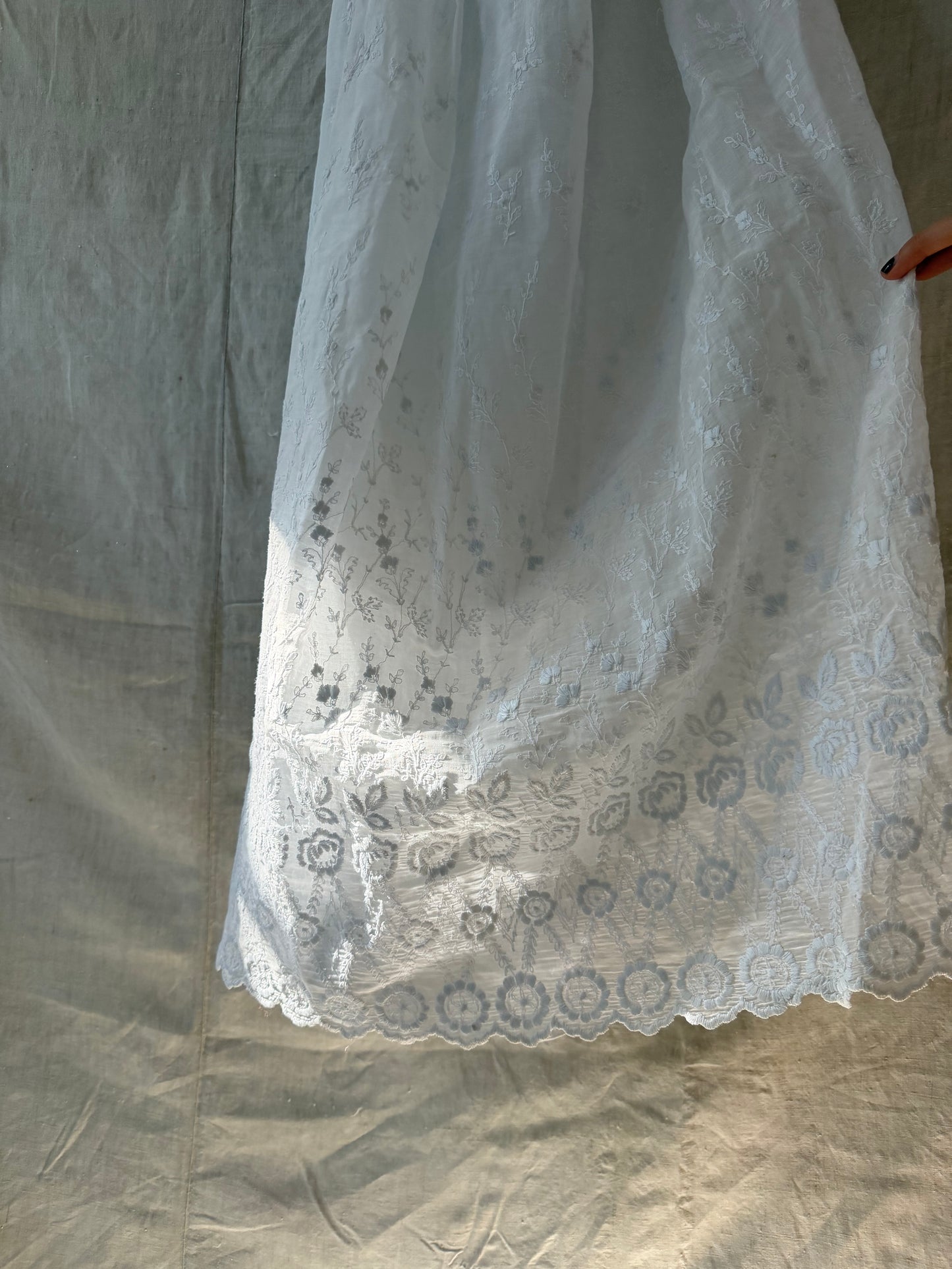 White Cotton Floral Embroidered Antique Long Skirt