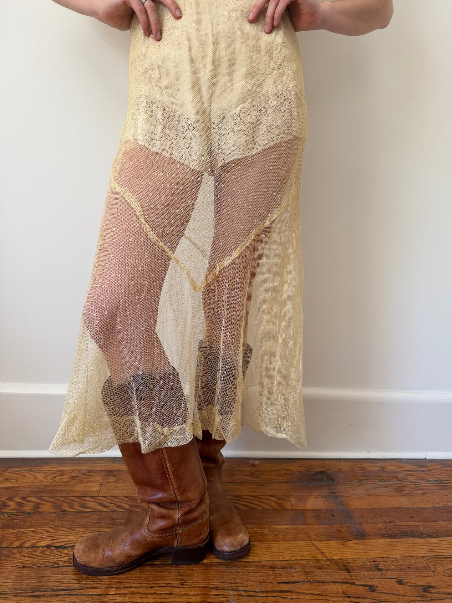 1930s Yellow Net Sheer Dress Overlay