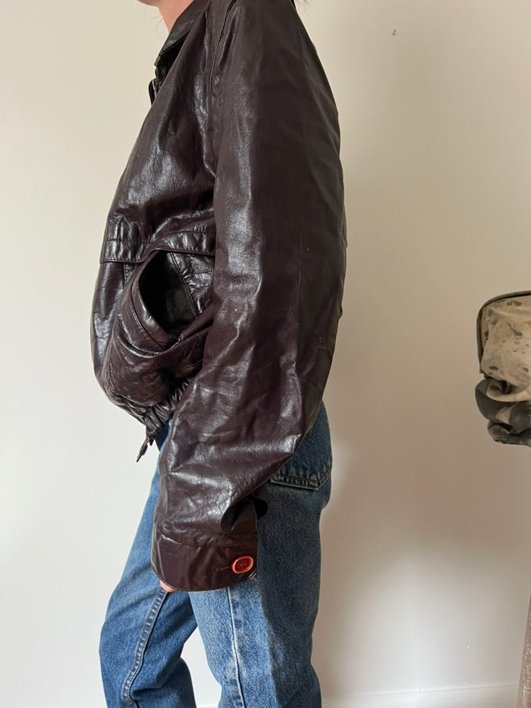 Burgundy Leather Zip Up Bomber Jacket