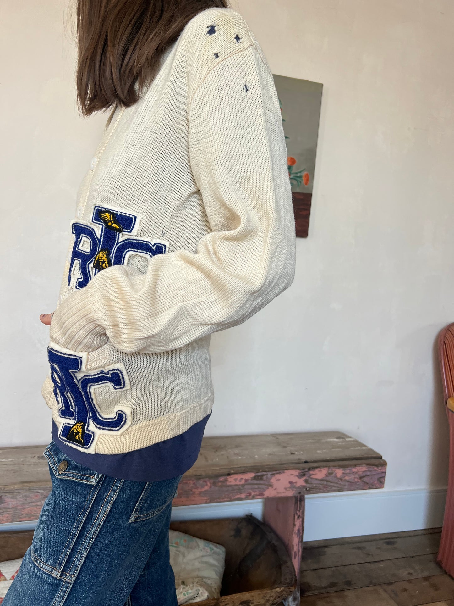 Distressed Patched Wool Varsity Cardigan