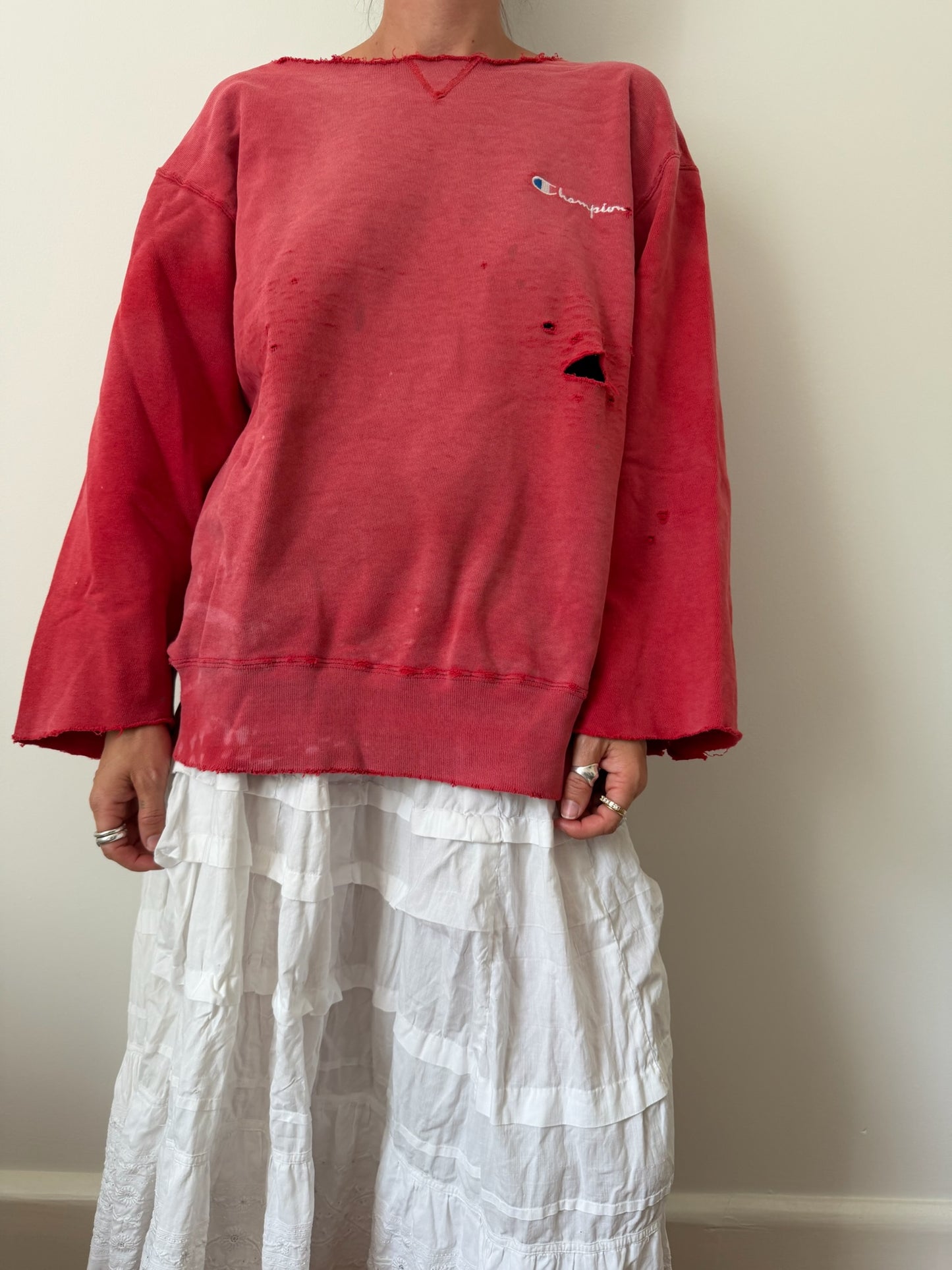 Faded and Distressed Red Champion Crewneck