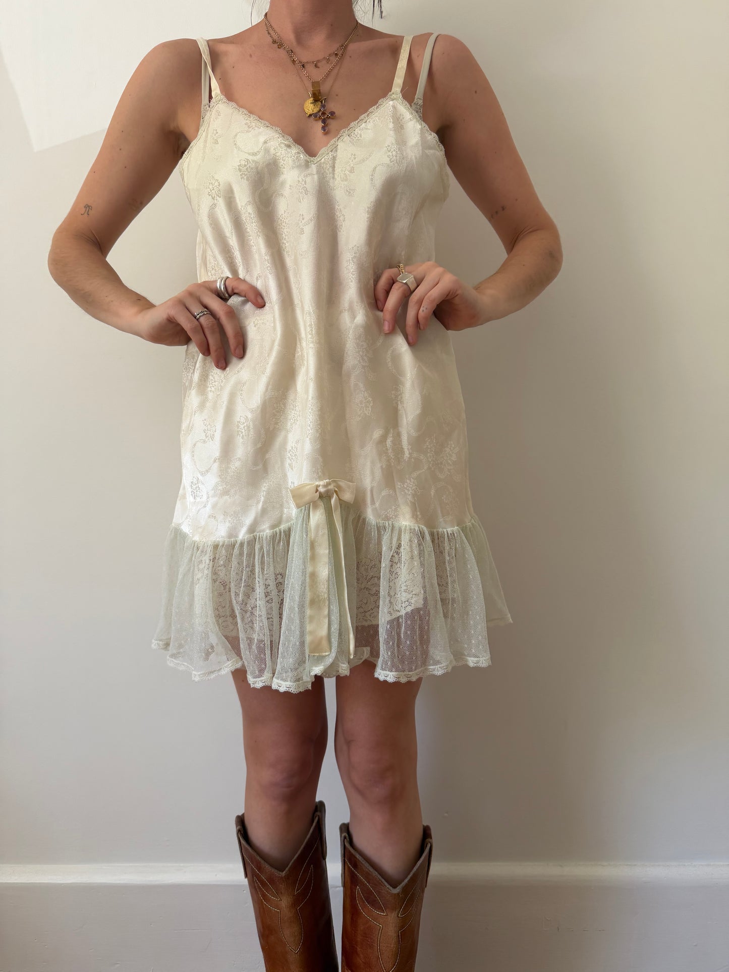 Slip Dress With Mint Lace Trim
