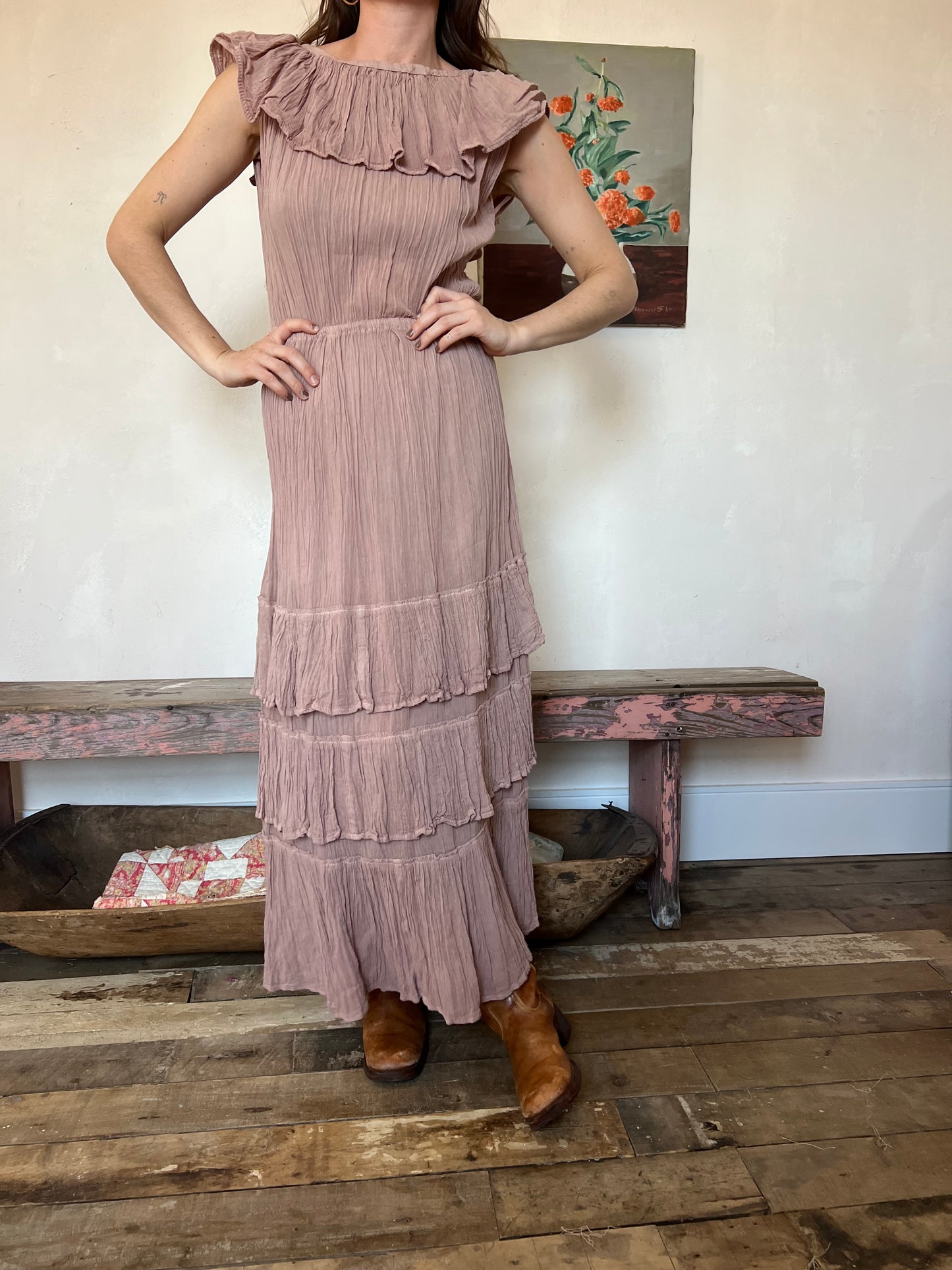 Oaxacan Off the Shoulder Tiered Ruffle Dress in Dusty Rose