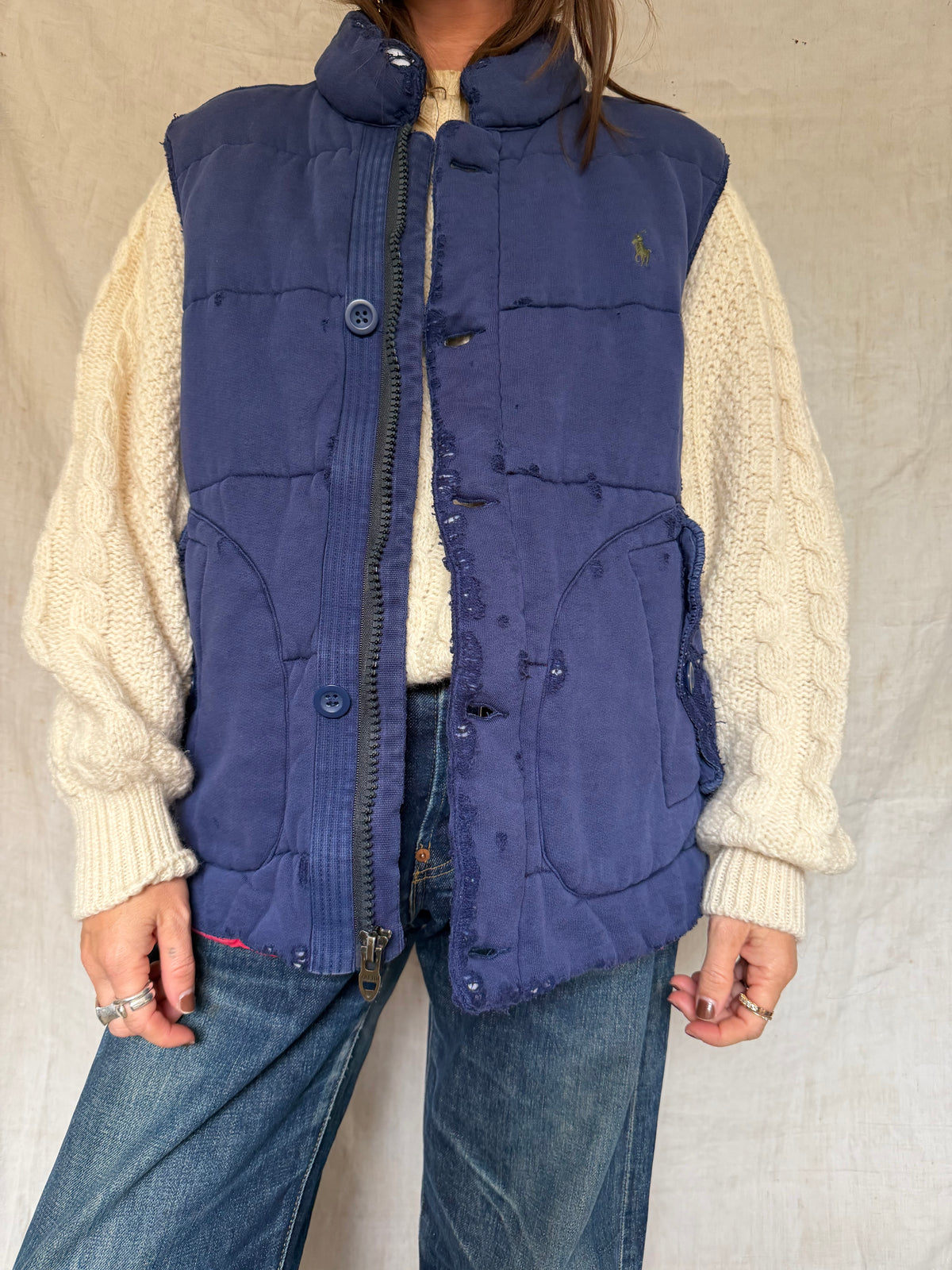 Distressed Polo Jersey Puffer Vest
