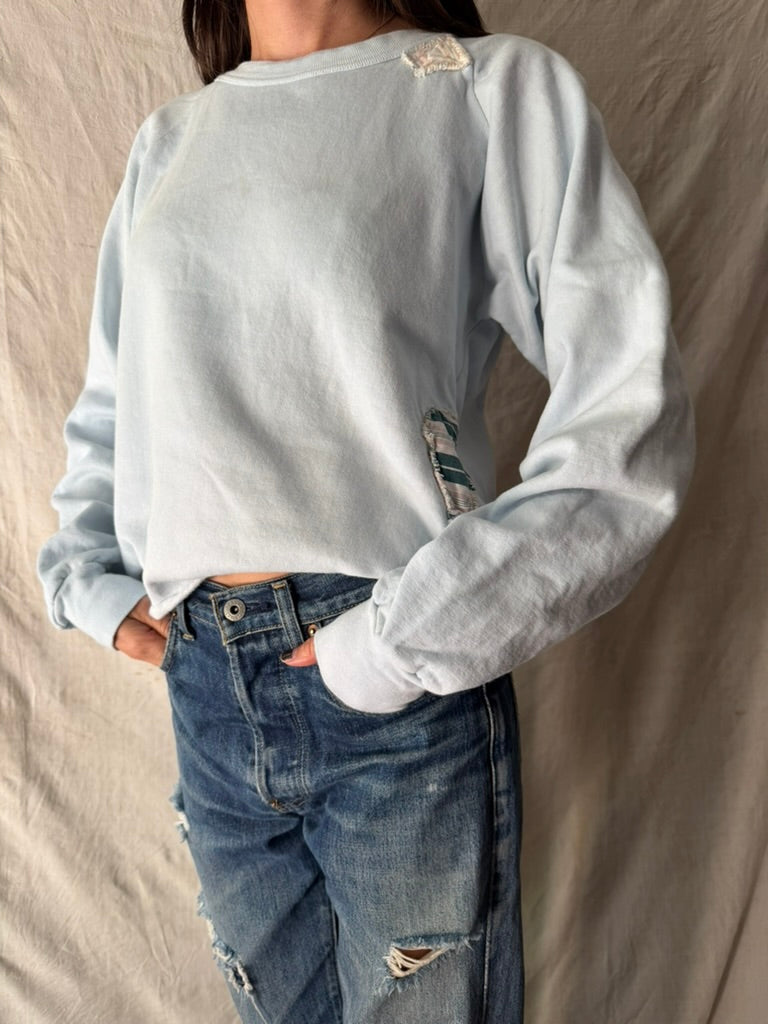 Pale Blue Cropped + Mended Crewneck