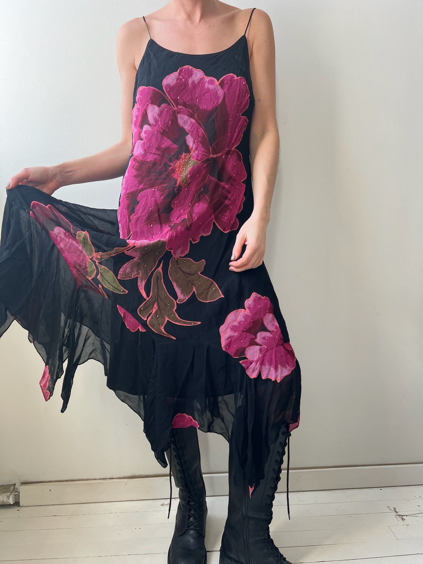 Black and Pink Floral Spaghetti Strap Flowy Dress