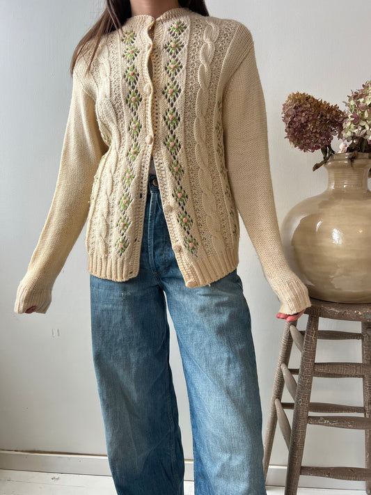 Floral Embroidered Cream Cardigan
