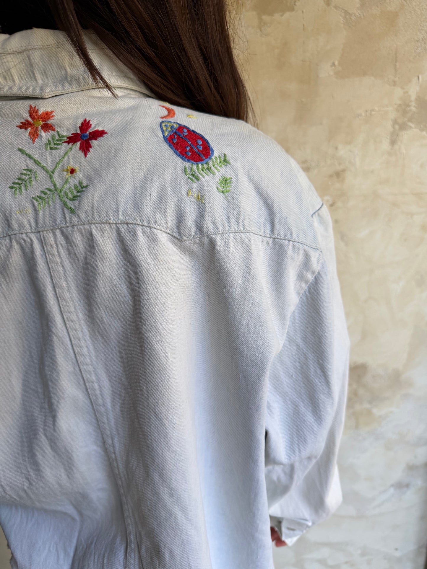 80s Hand Embroidered Light Wash Denim Button Up