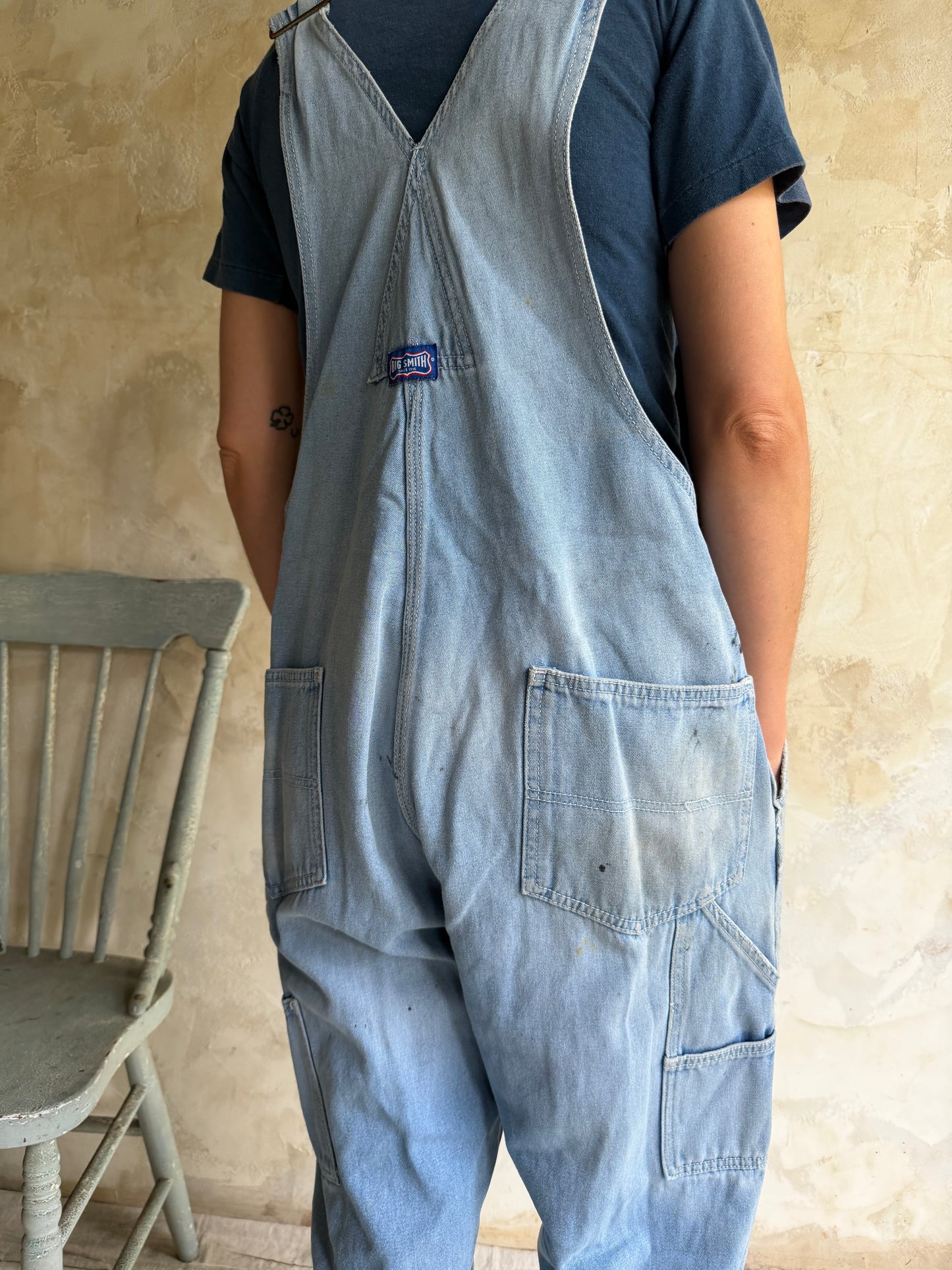 Big Smith Lightwash Distressed + Mended Painters Overalls