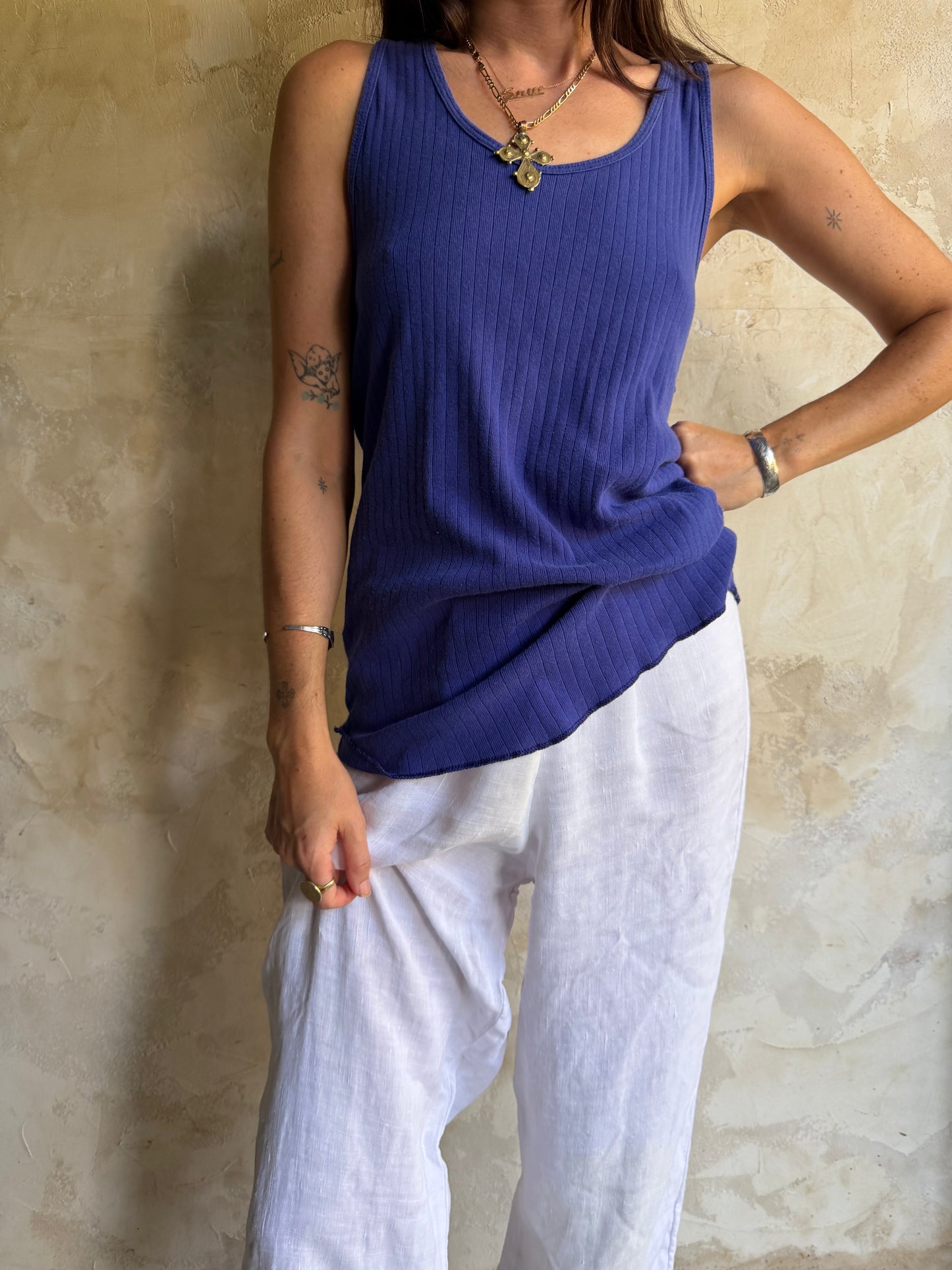 Indigo Blue Ribbed Cotton Tank