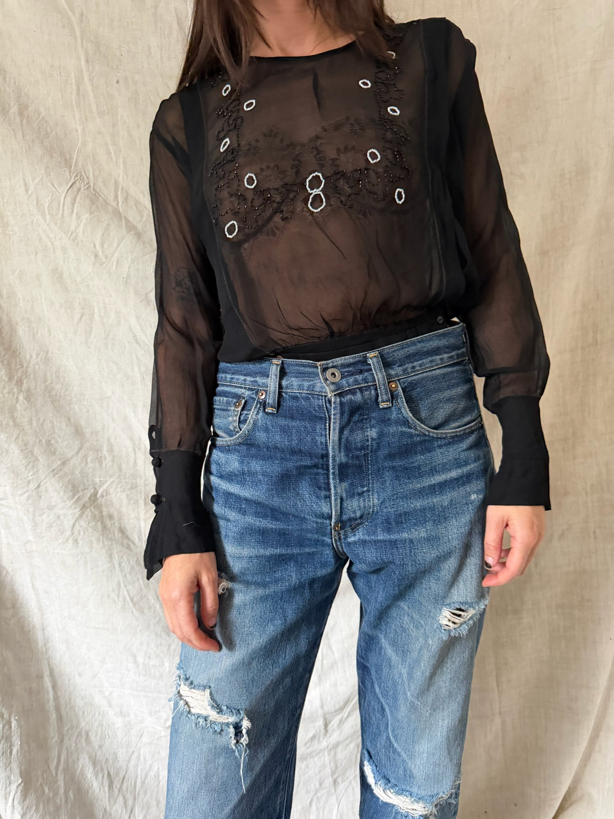 Antique Black Beaded Silk Blouse