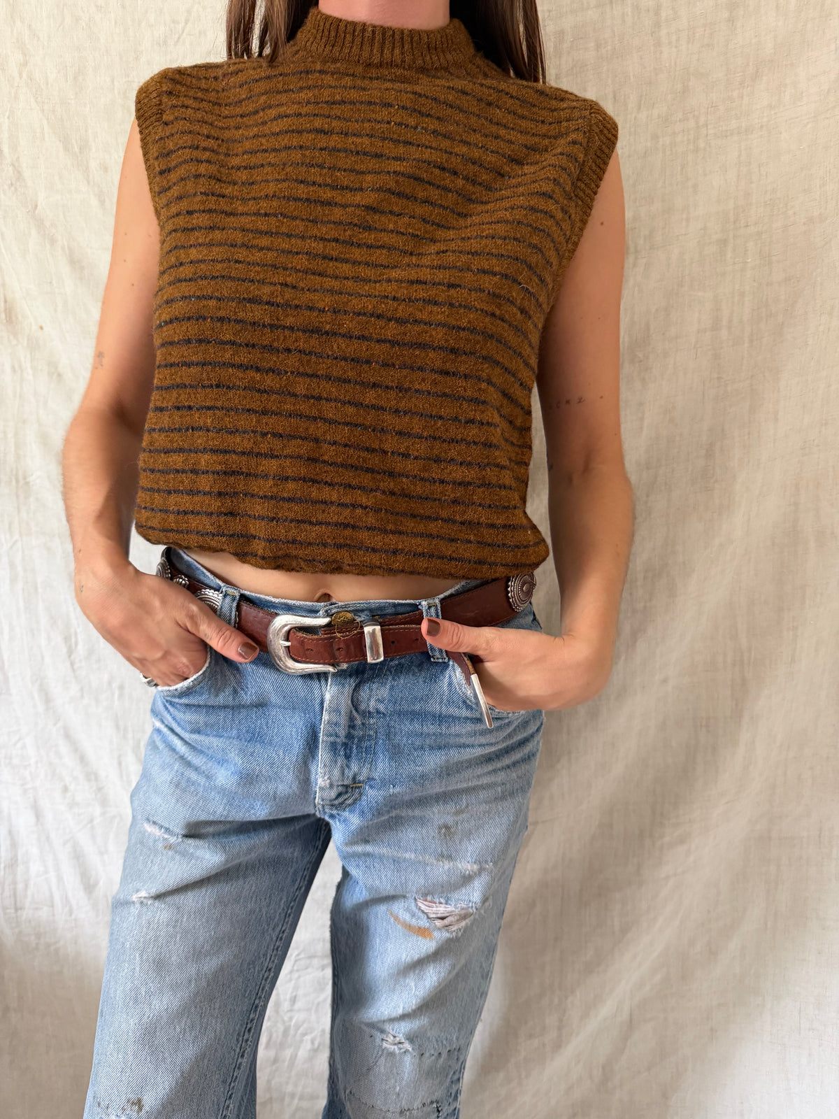 Ochre and Navy Striped Vest