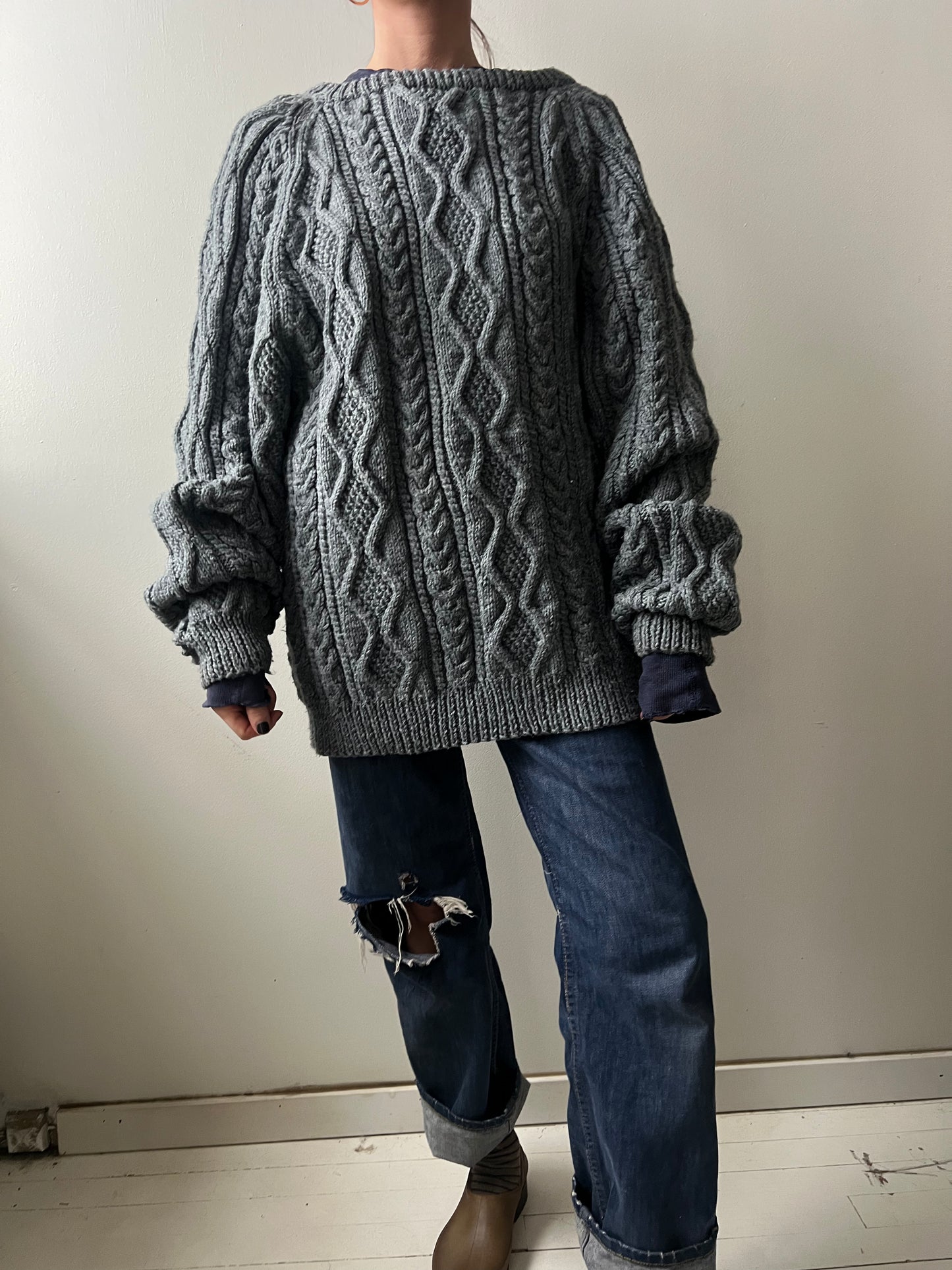 Blue Grey Handmade Cable-knit Sweater