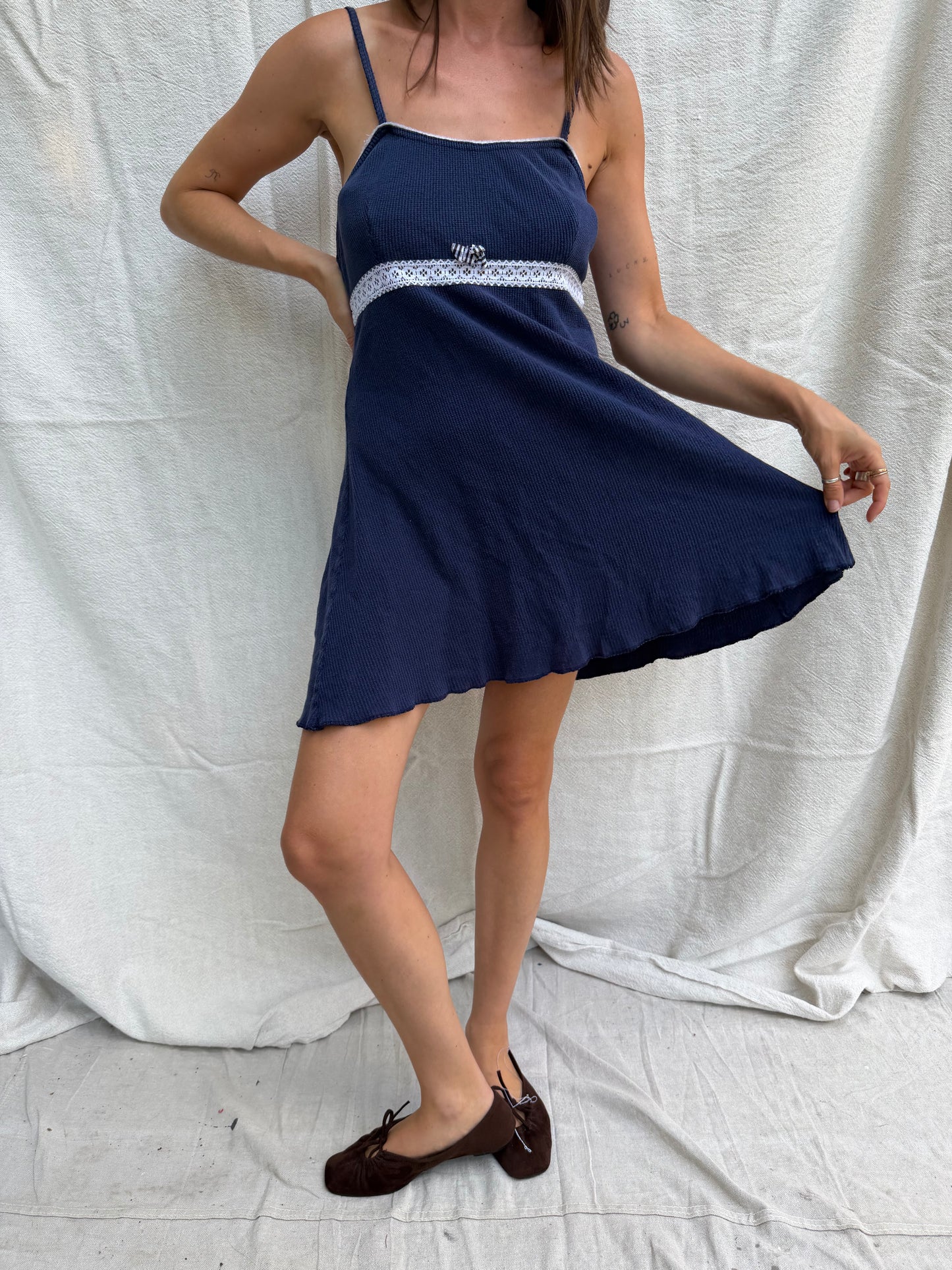 Navy Waffled Spaghetti Strap Dress