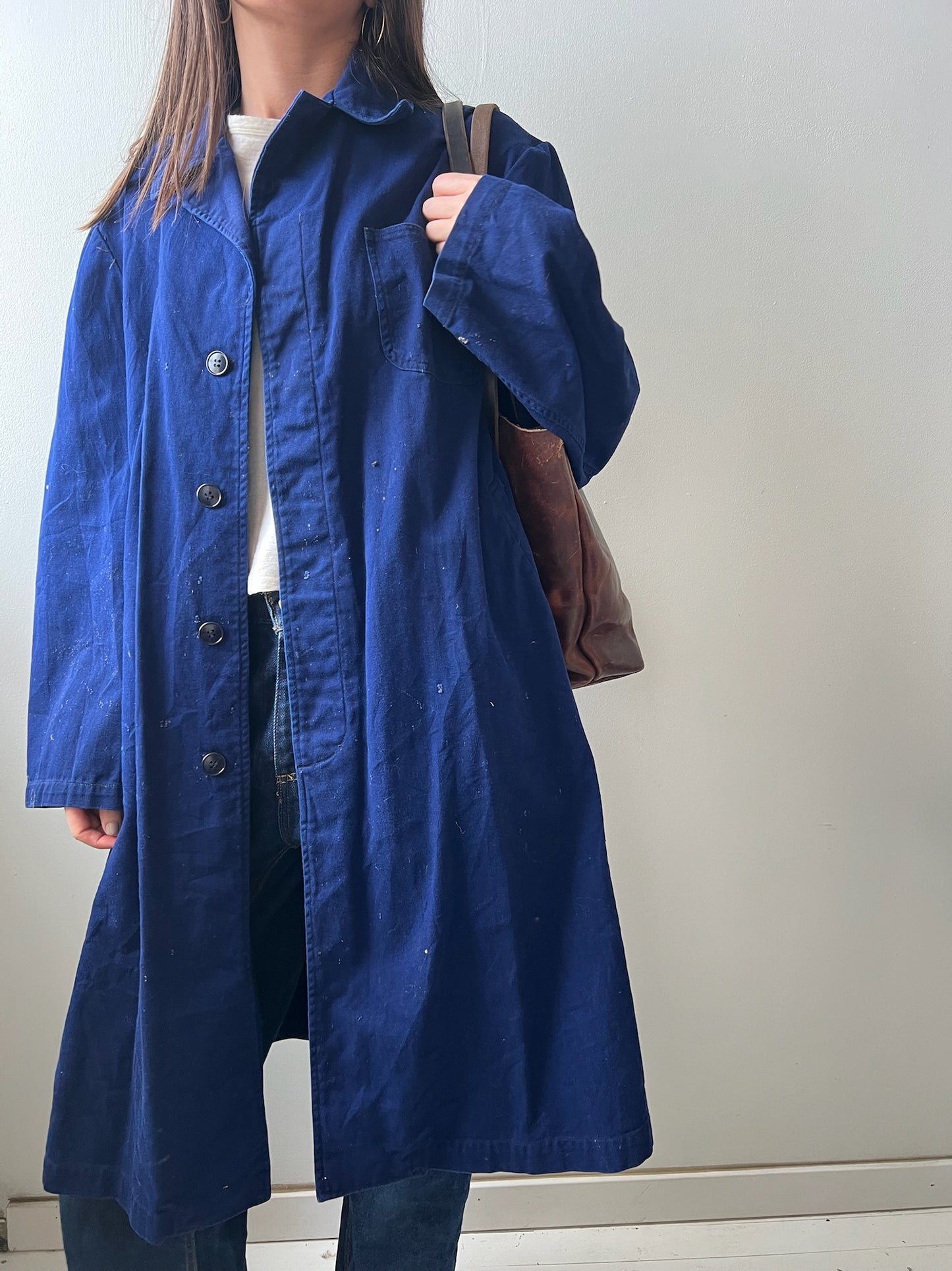 Long Indigo Blue Chore Trench Jacket