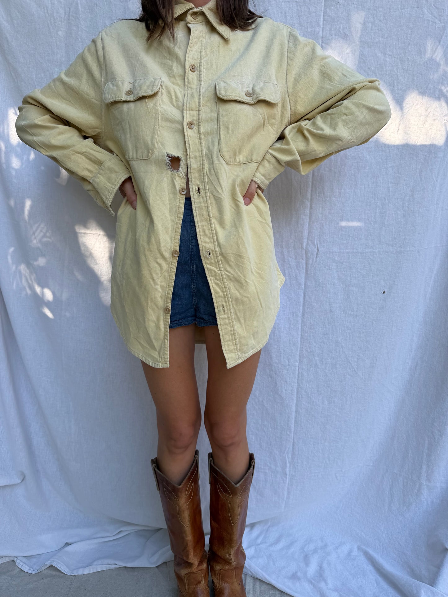 Super Loved Butter Yellow Distressed Button Up