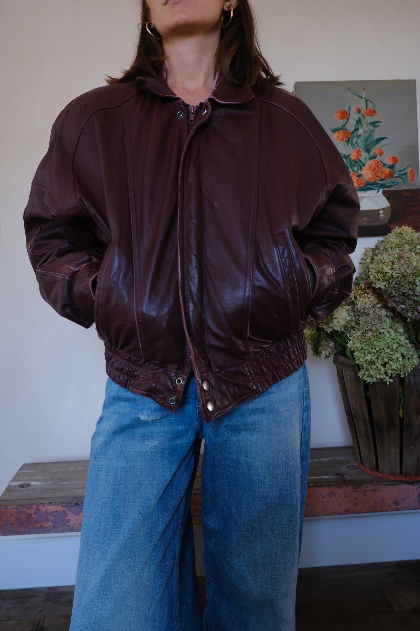 Burgundy Leather Bomber Jacket