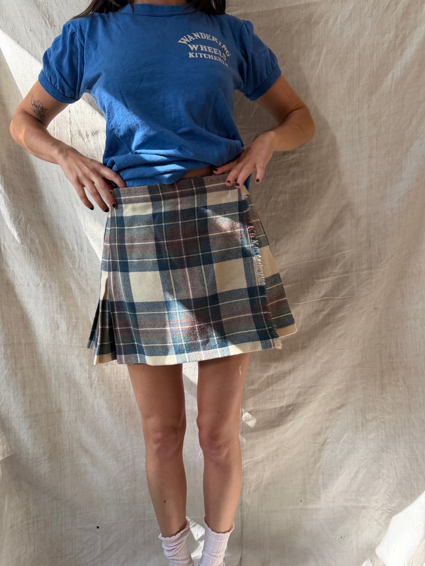 Cream, Brown + Blue Cropped Kilt