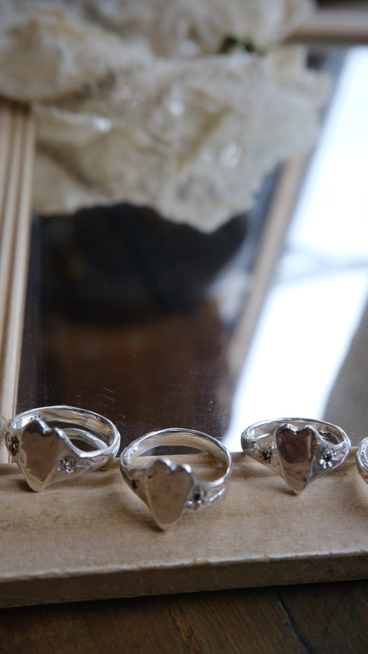 Heart Signet with Engraved Flowers + Sapphires by Rosalind Studio
