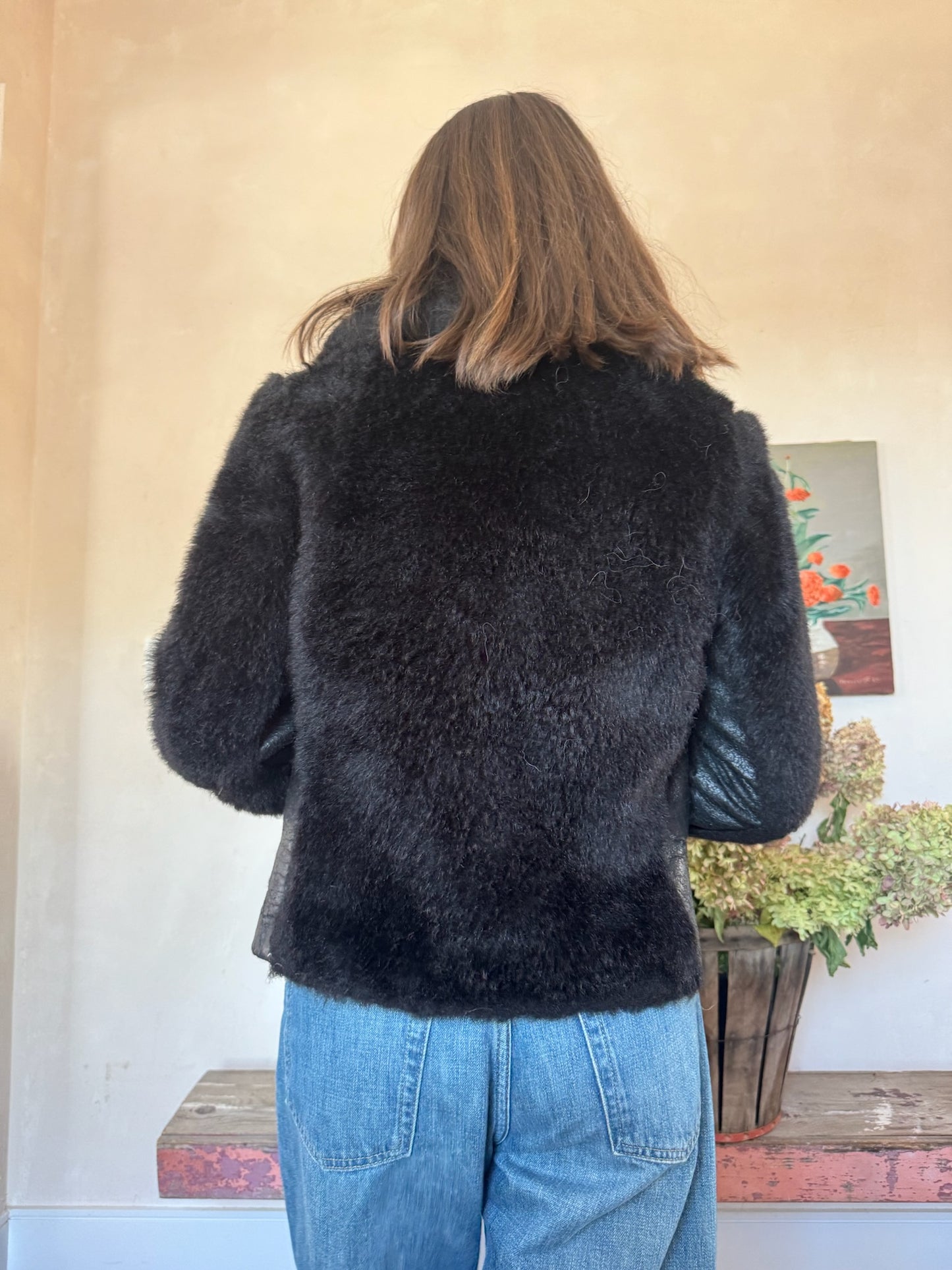 Cropped Black 70s Faux Fur Jacket