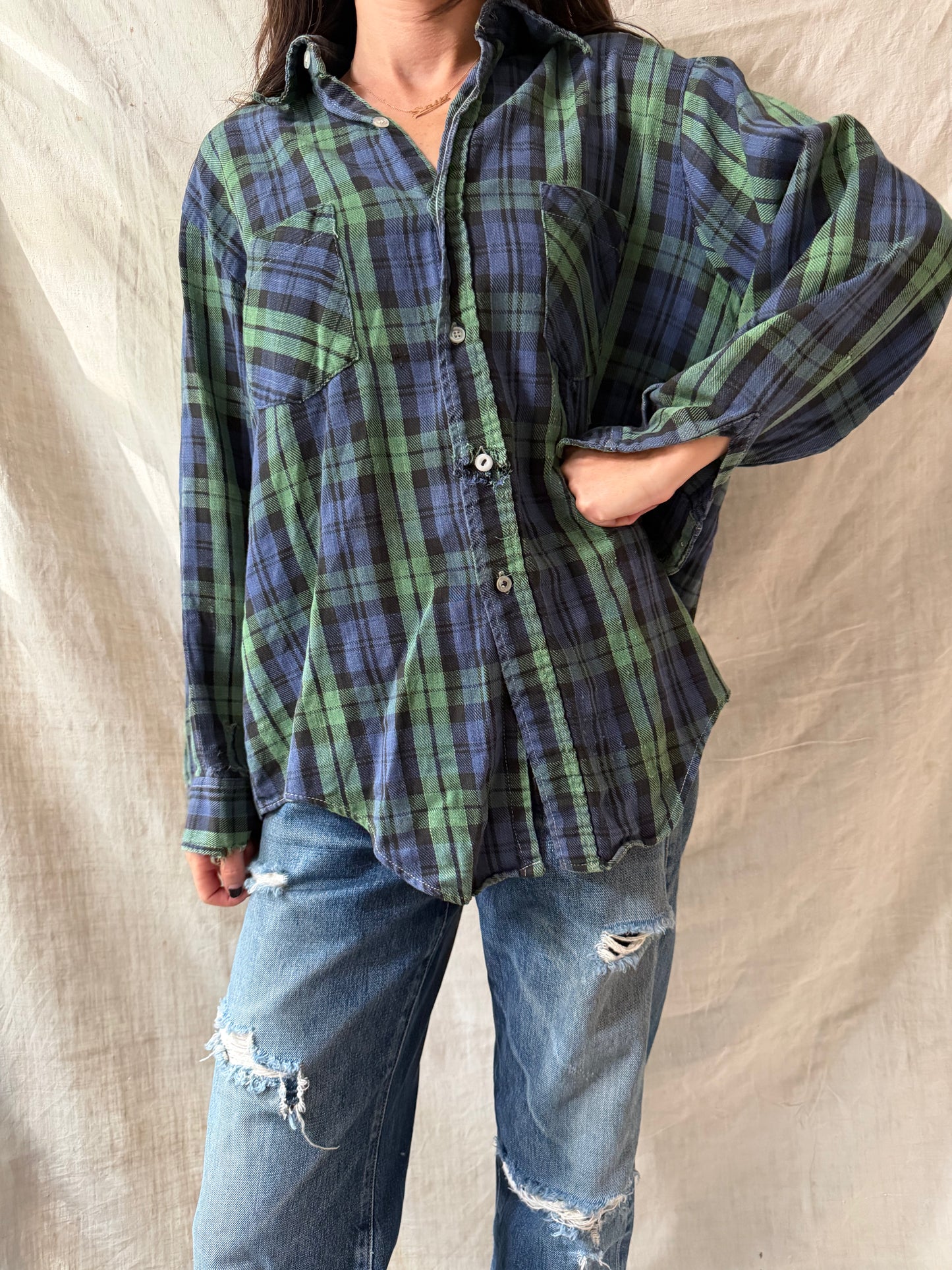 Super Distressed Green + Blue Plaid