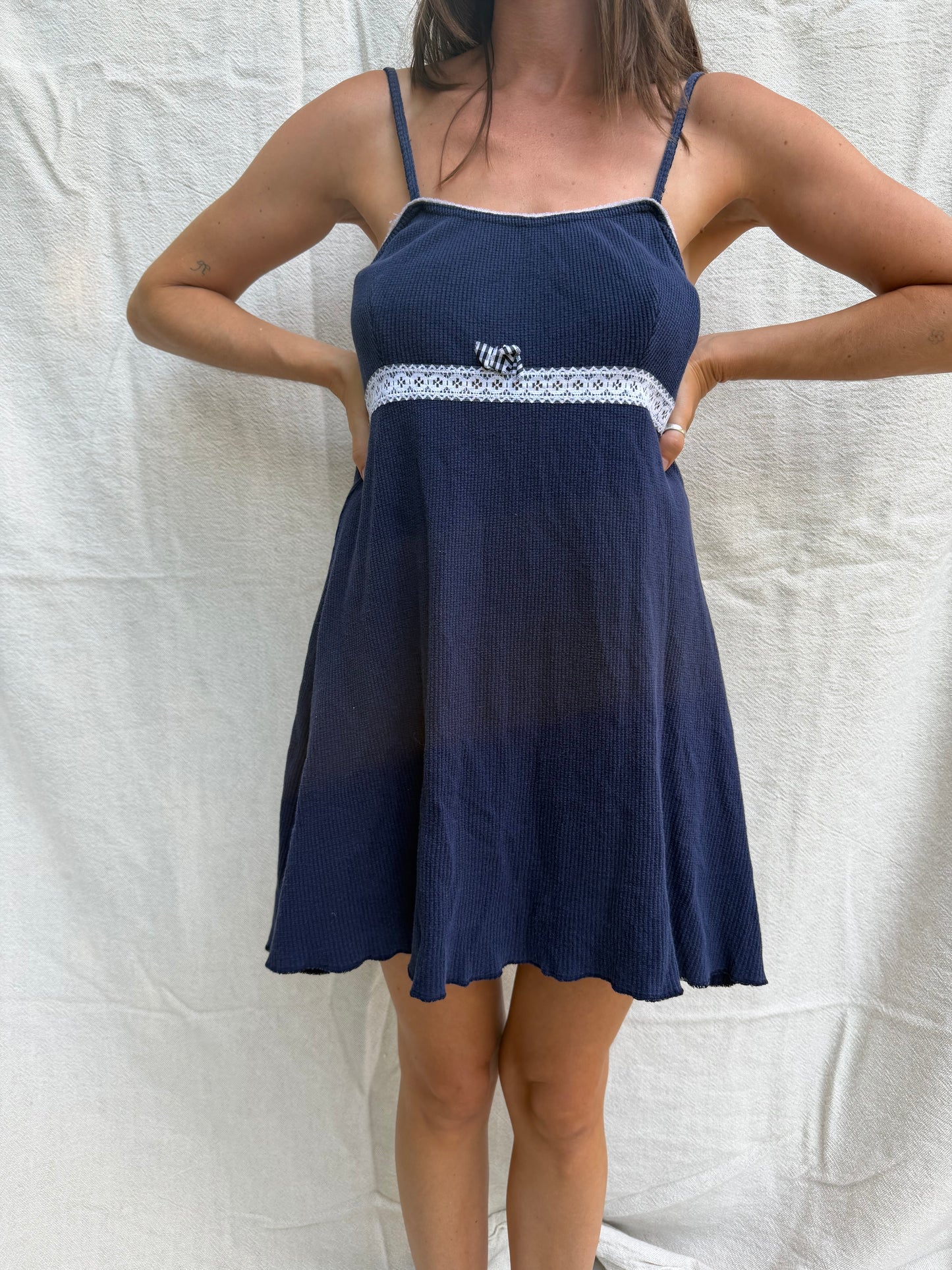 Navy Waffled Spaghetti Strap Dress