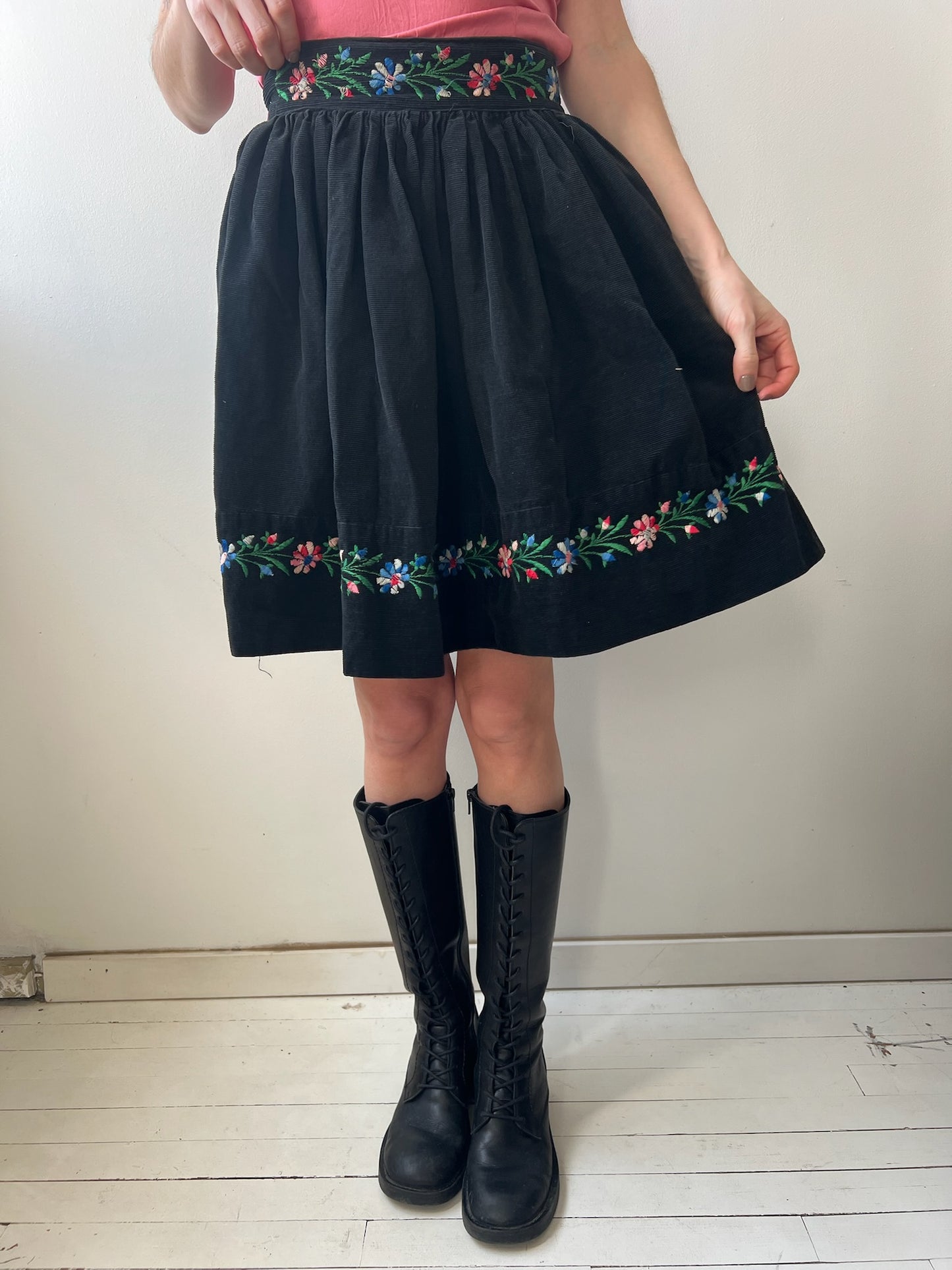 Black Floral Embroidered Corduroy Skirt