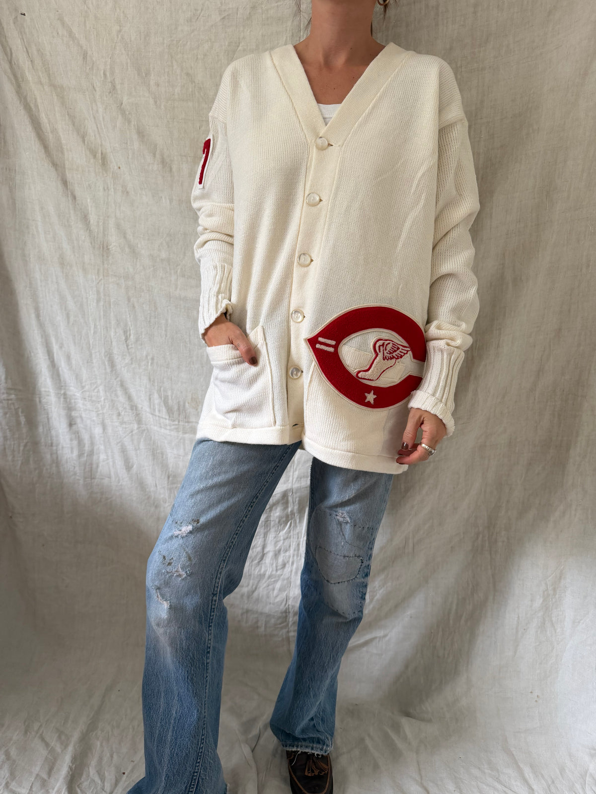White Varsity Cardigan