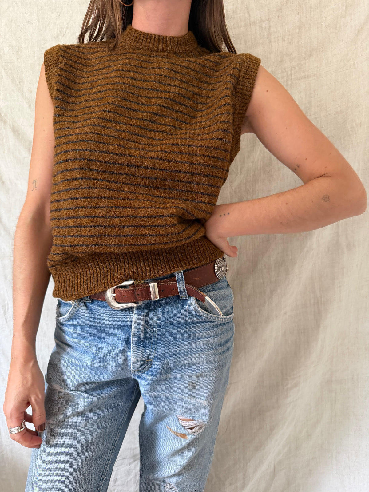 Ochre and Navy Striped Vest