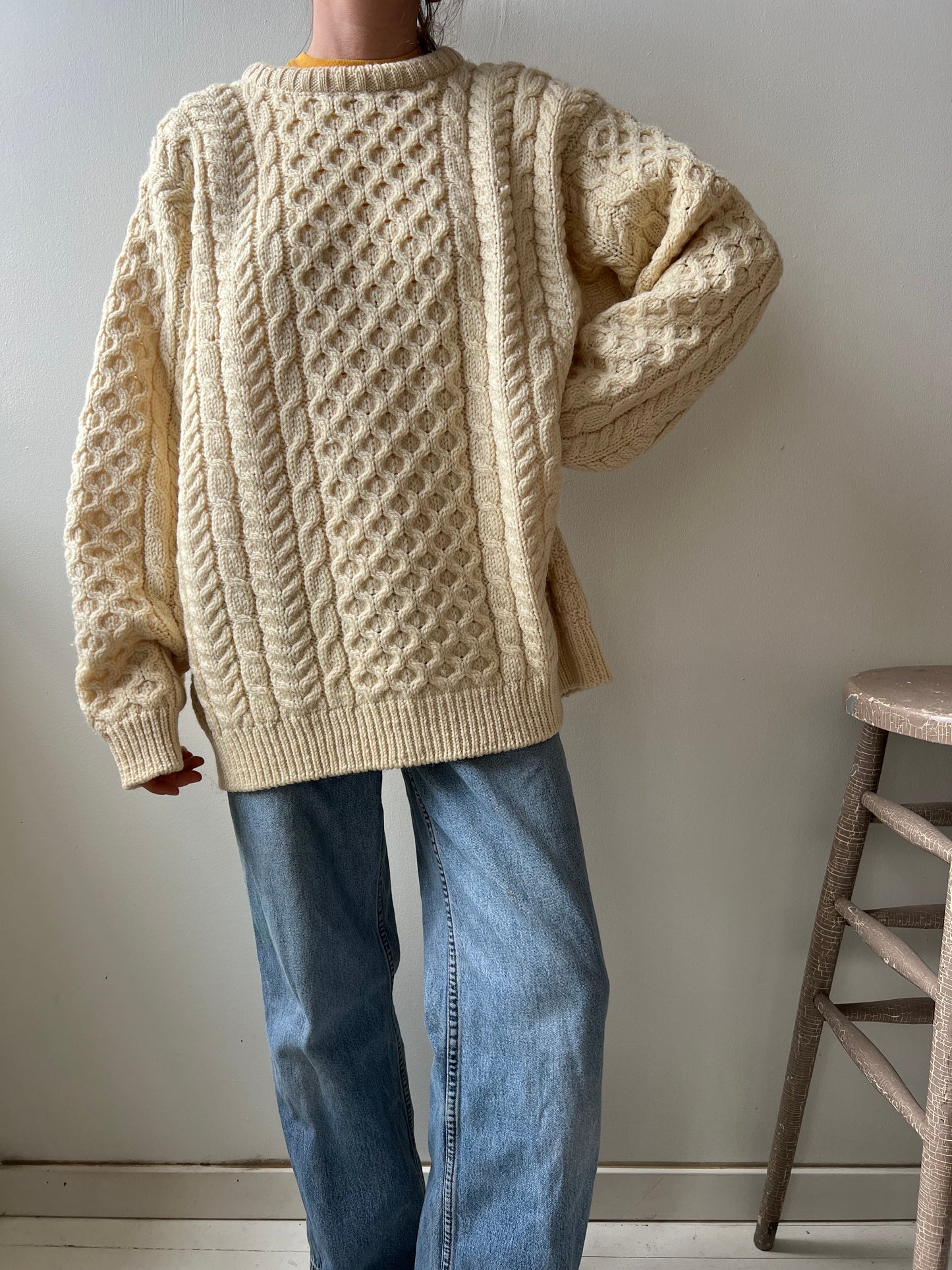 LL Bean Cream Fisherman Wool Sweater