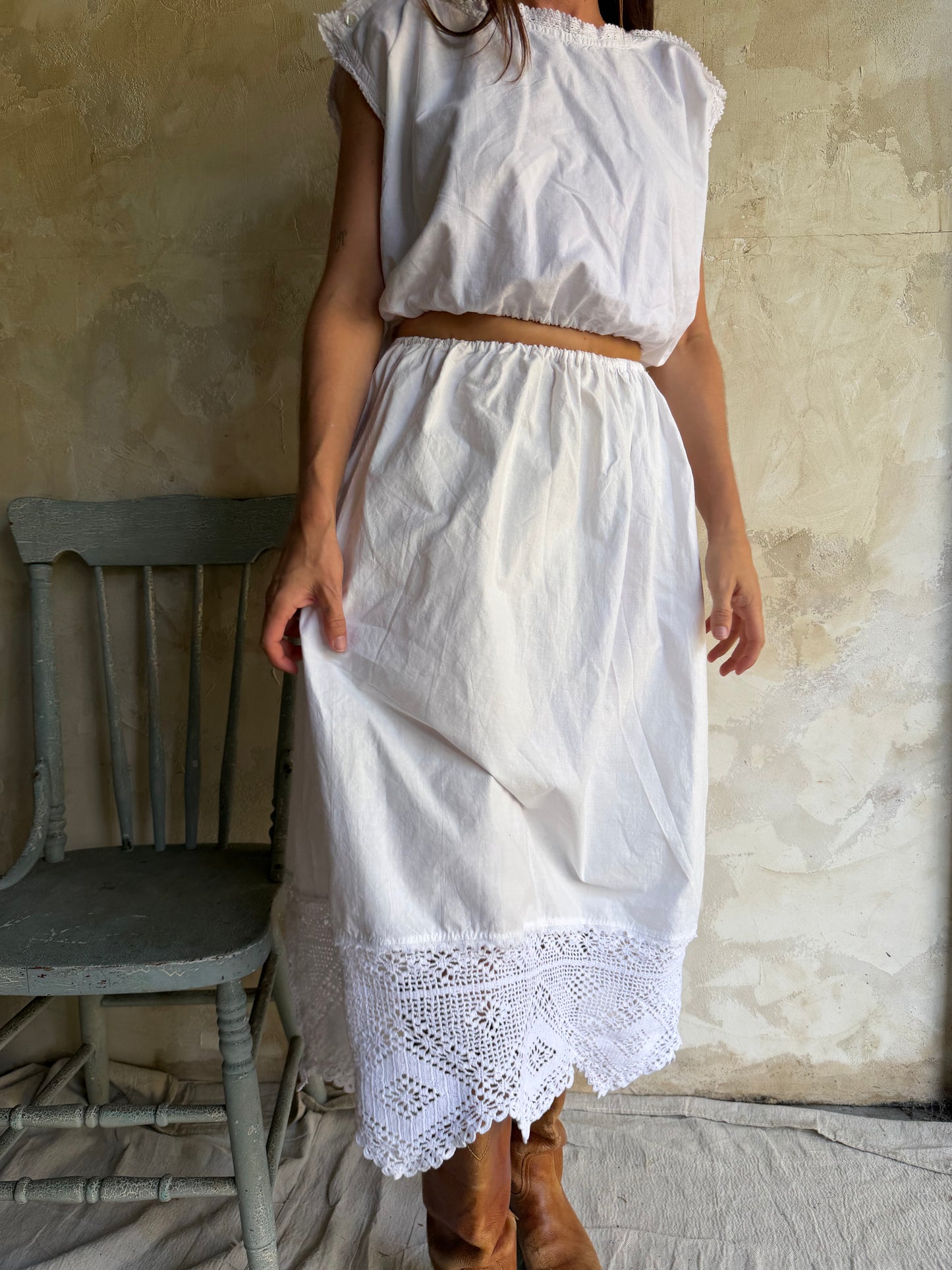 Reworked Cotton Skirt with Antique Crochet Trim