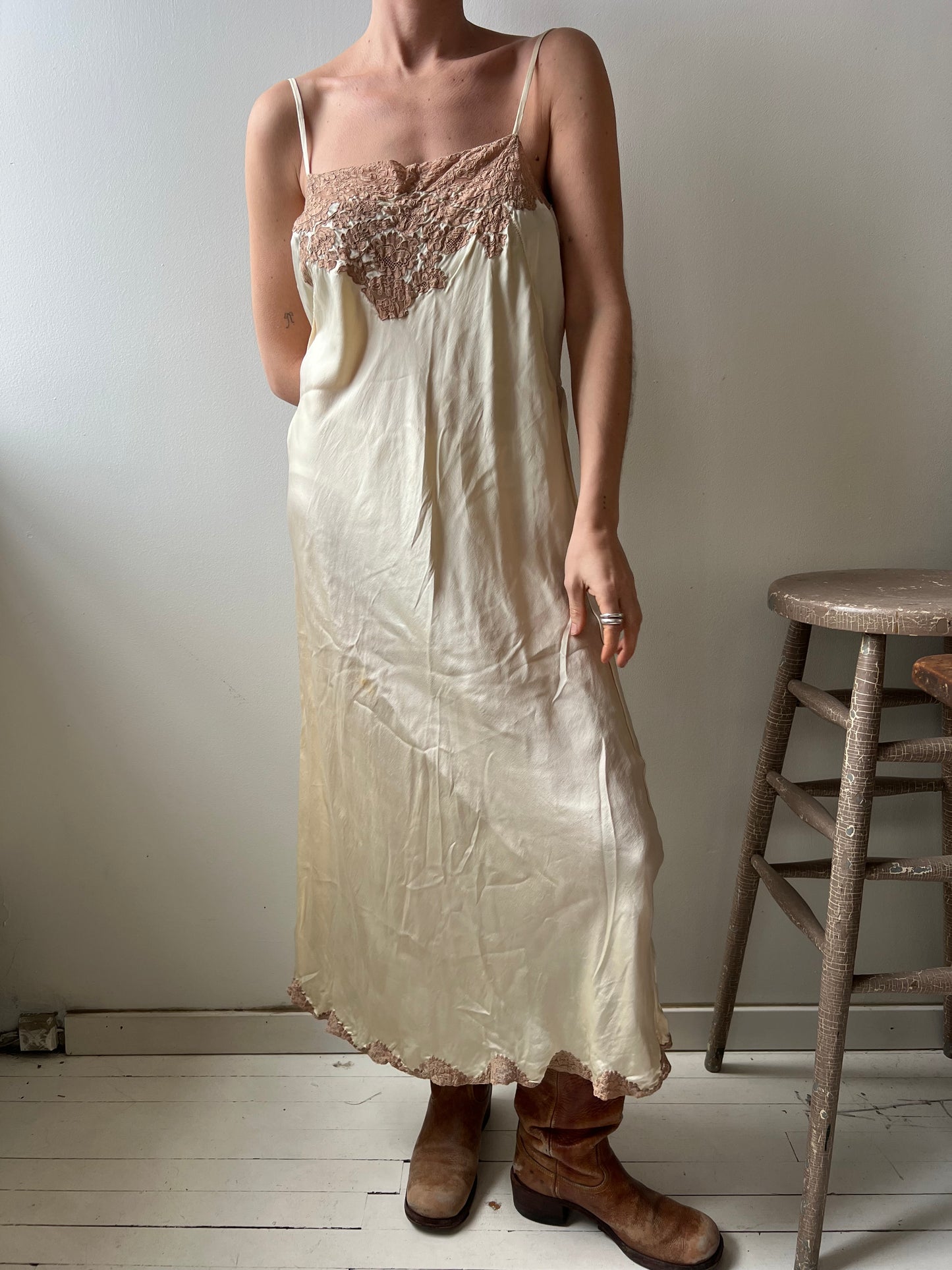 Cream and Tan Lace 1930s Silk Slip