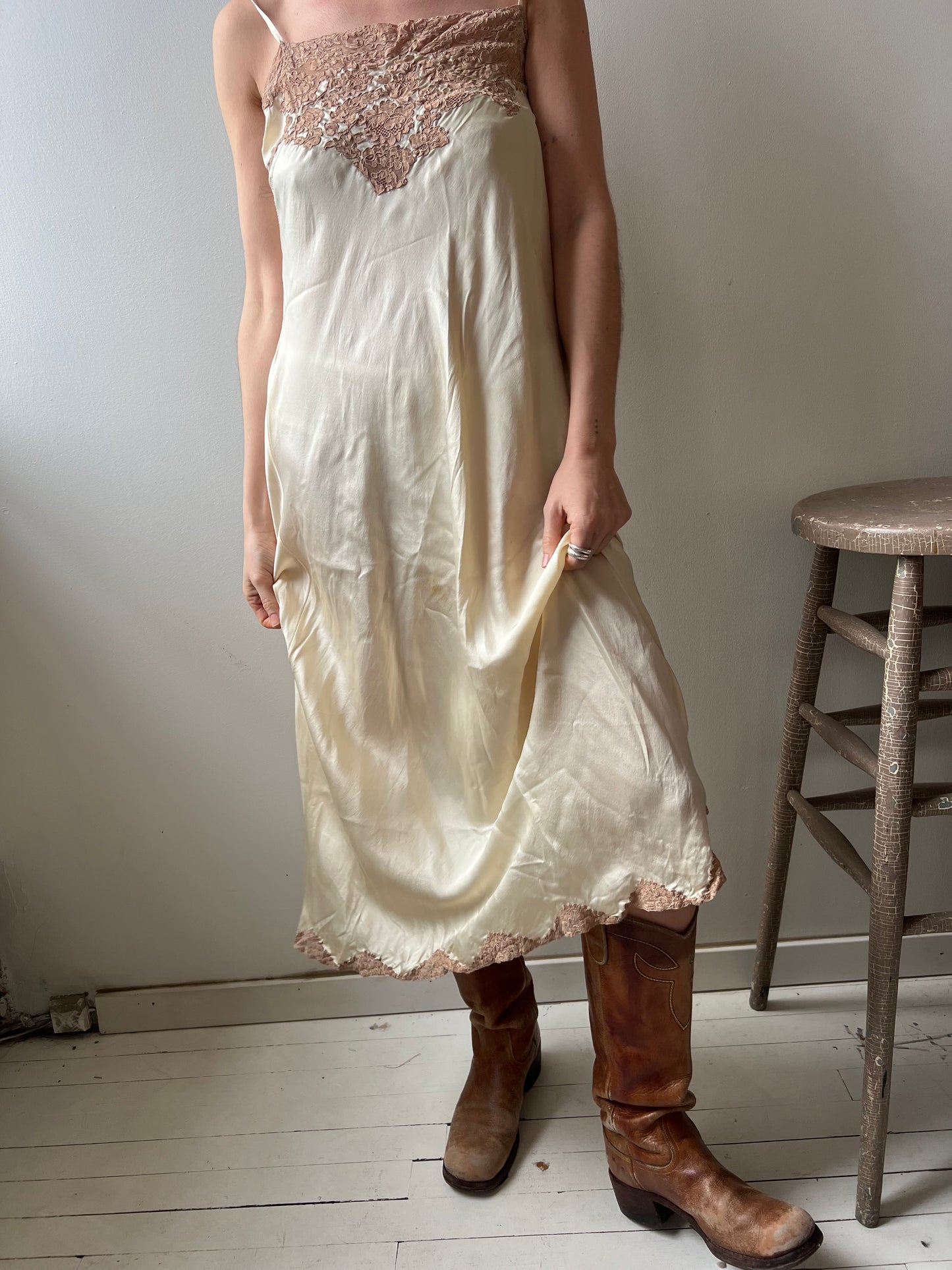 Cream and Tan Lace 1930s Silk Slip