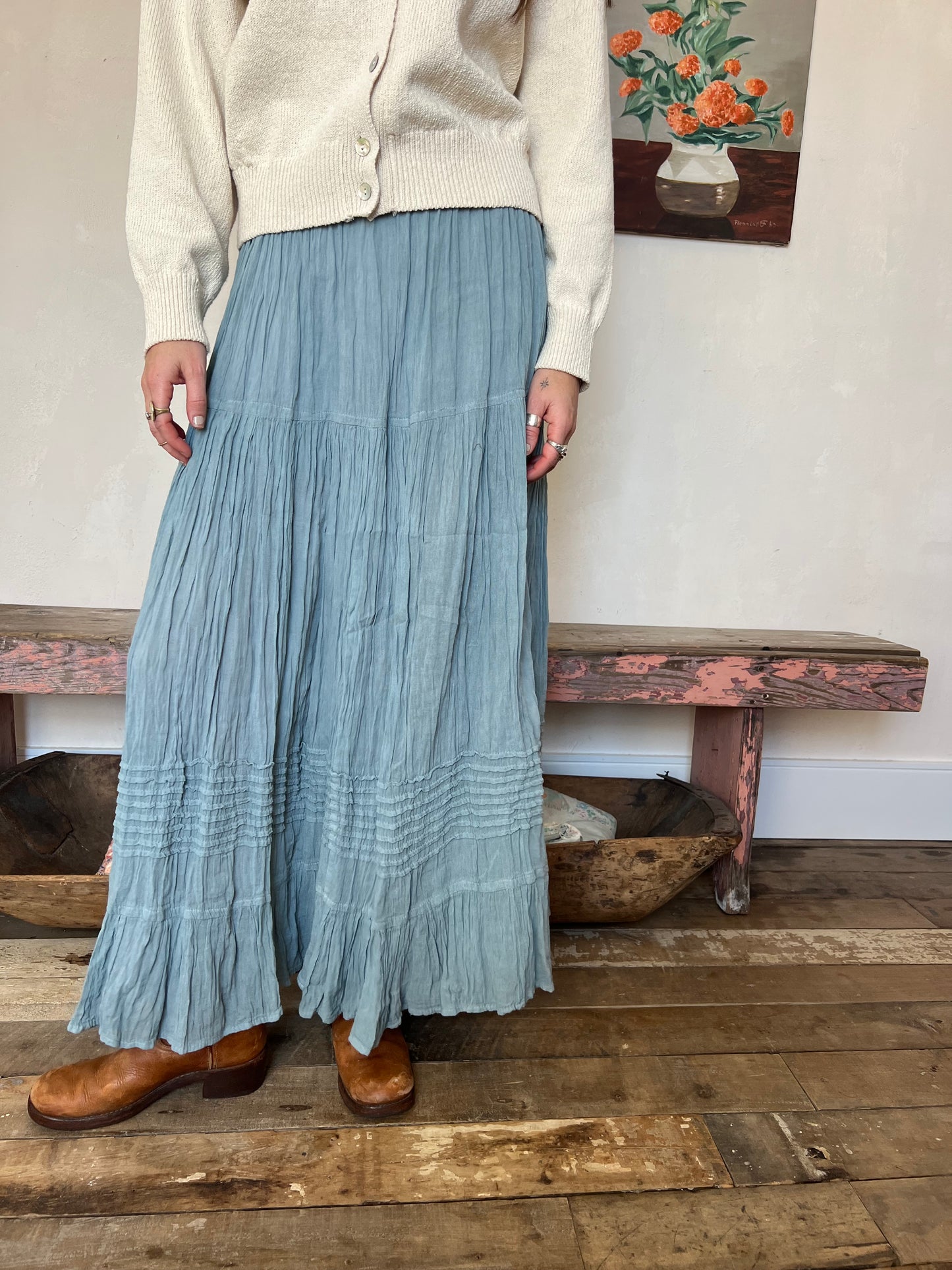 Oaxacan Sky Blue Long Cotton Skirt