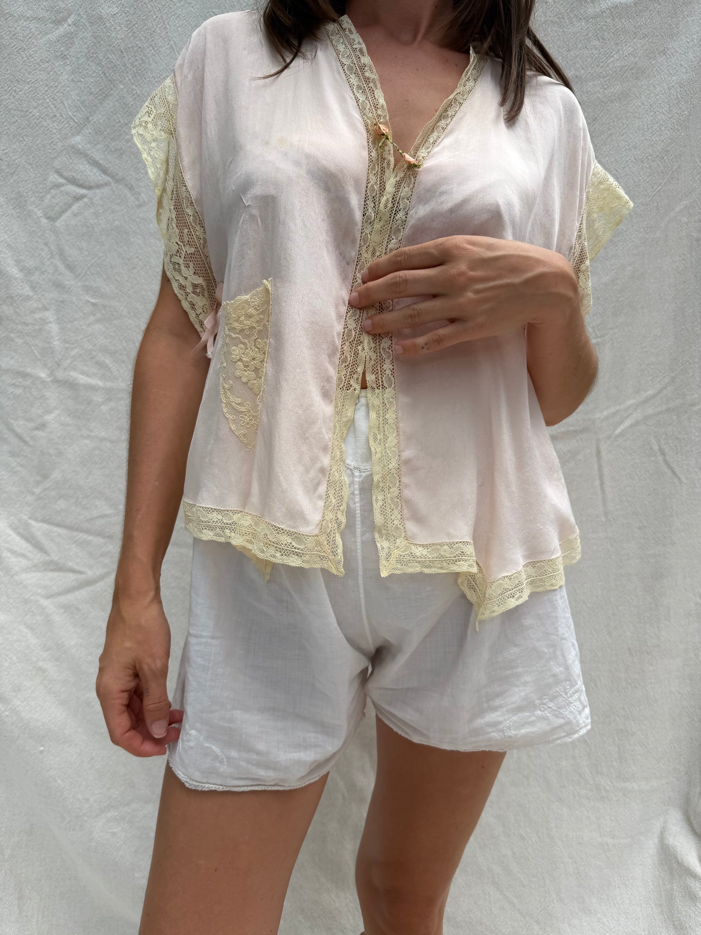 1930s Crepe Silk + Lace Bed Jacket