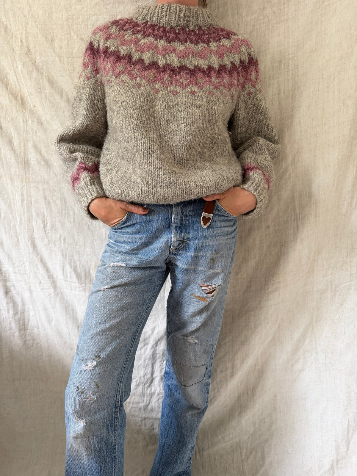 Grey and Pink Icelandic Wool Sweater