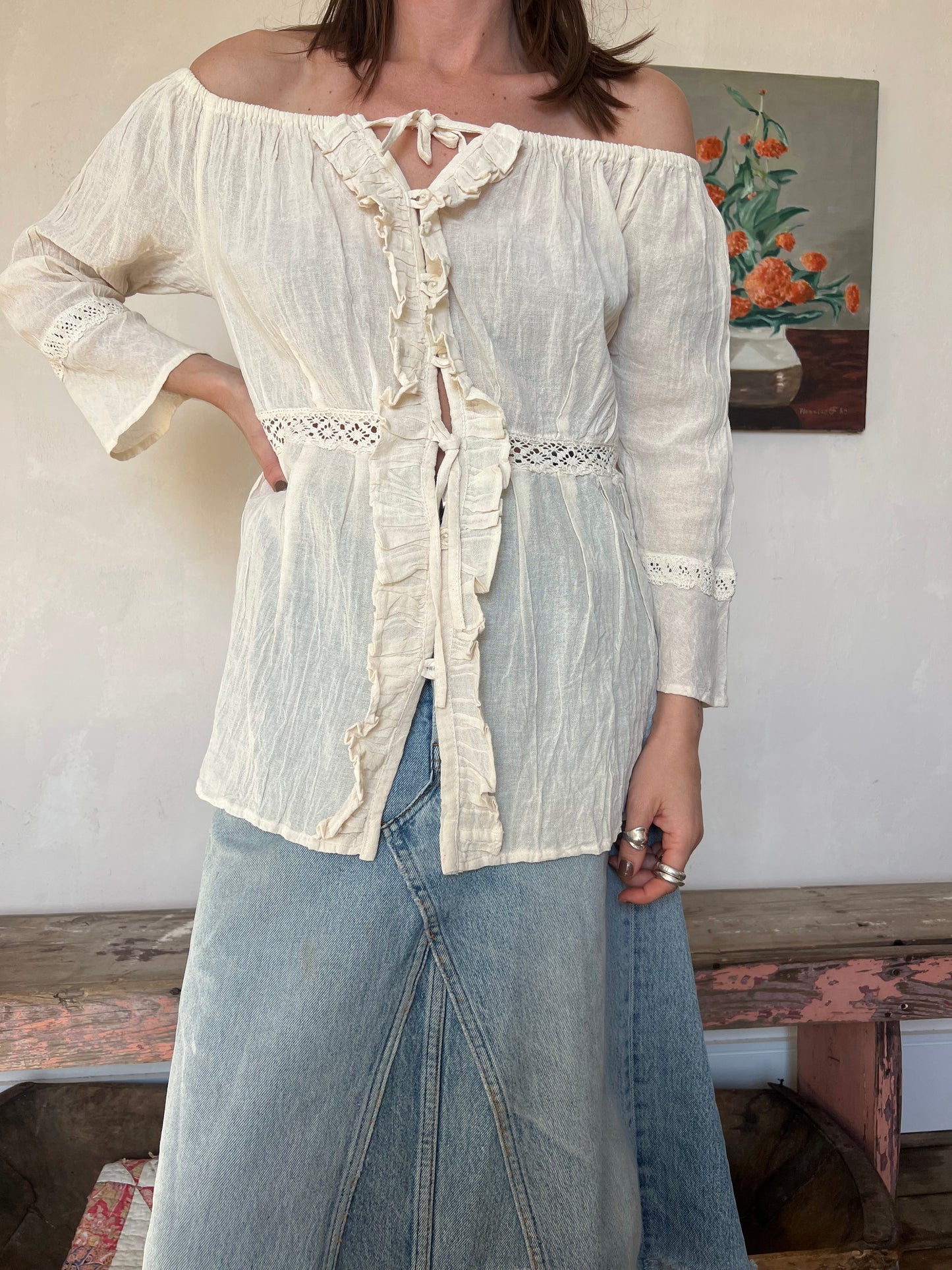 Oaxacan Natural Ruffled Crochet Blouse