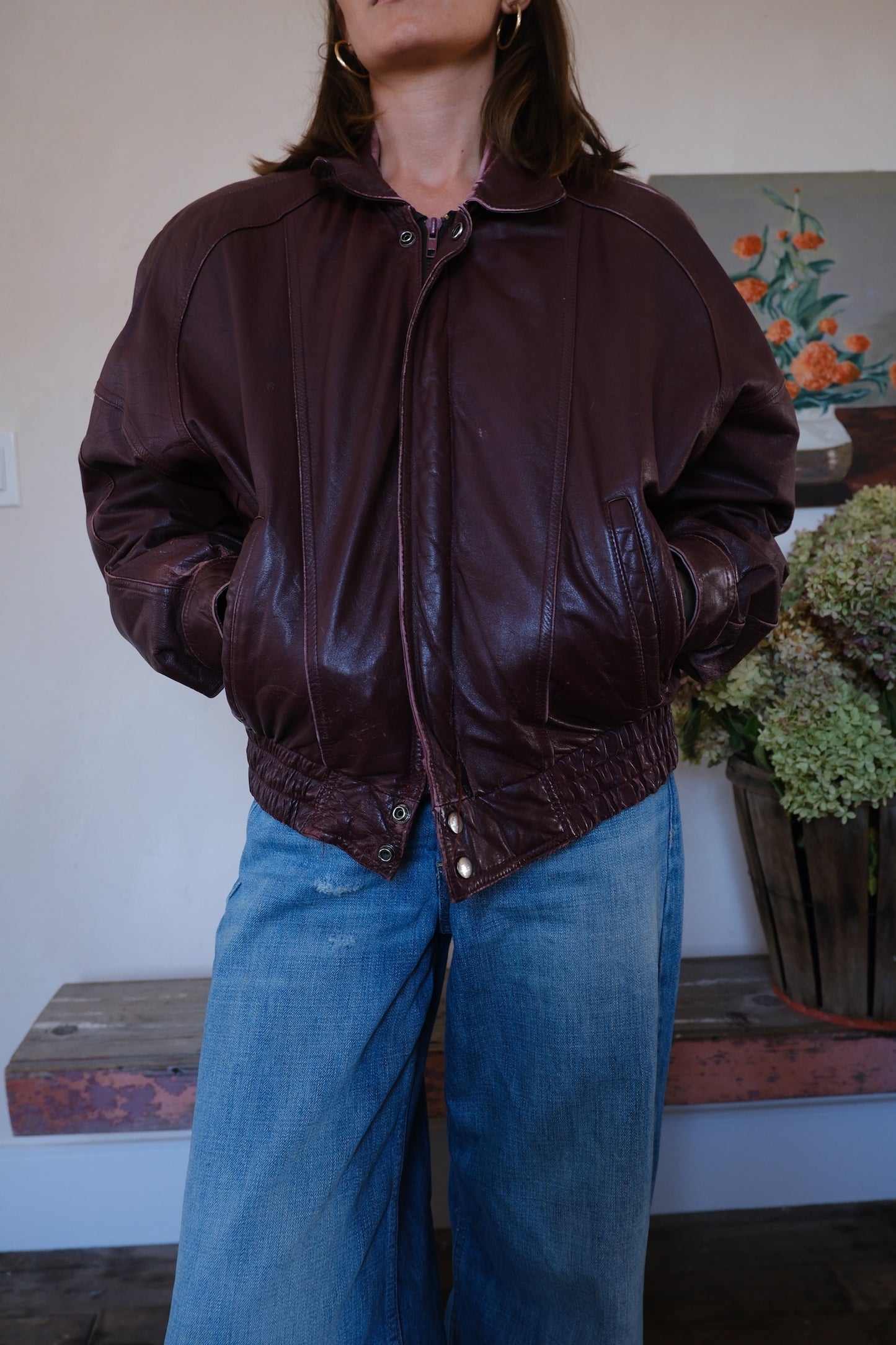 Burgundy Leather Bomber Jacket