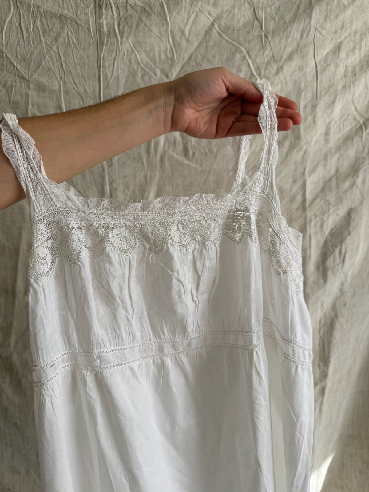 Antique French Cotton Slip with Mesh Ruffle