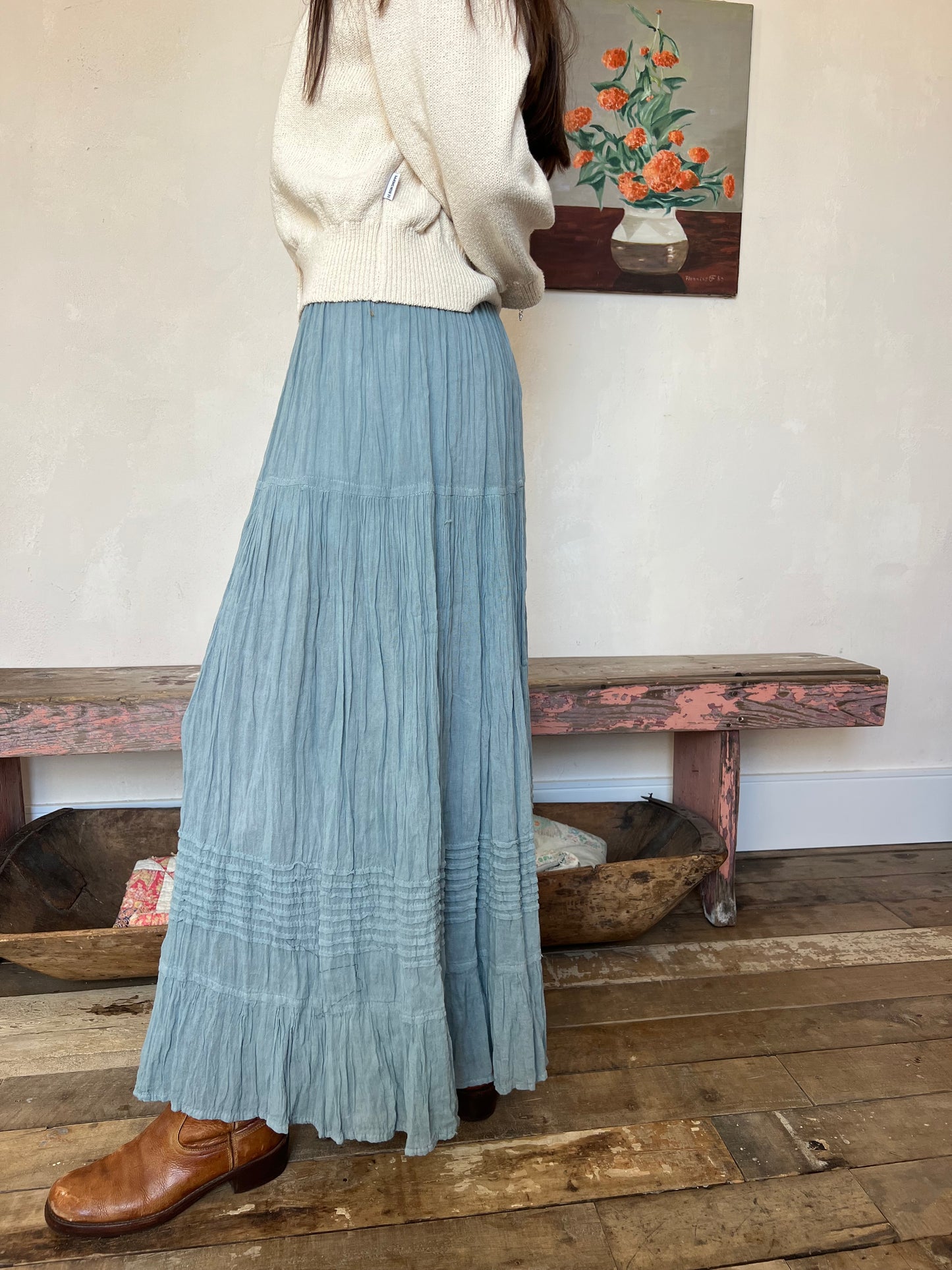 Oaxacan Sky Blue Long Cotton Skirt