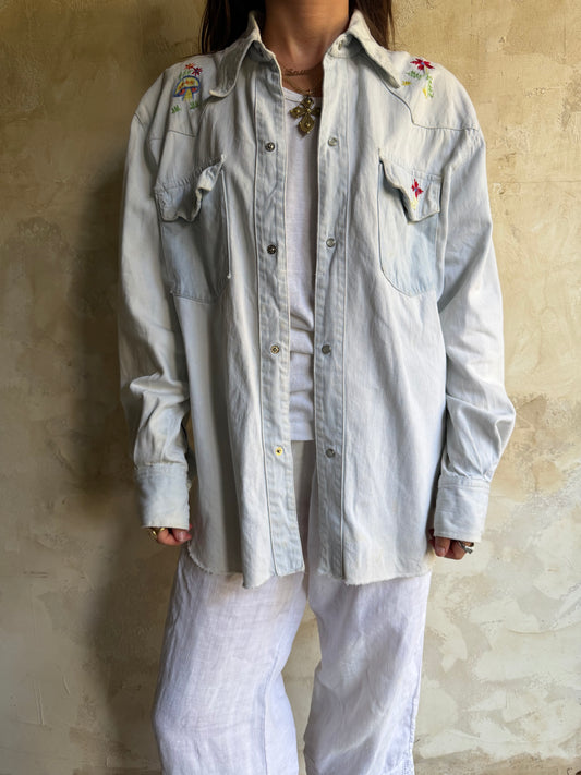 80s Hand Embroidered Light Wash Denim Button Up