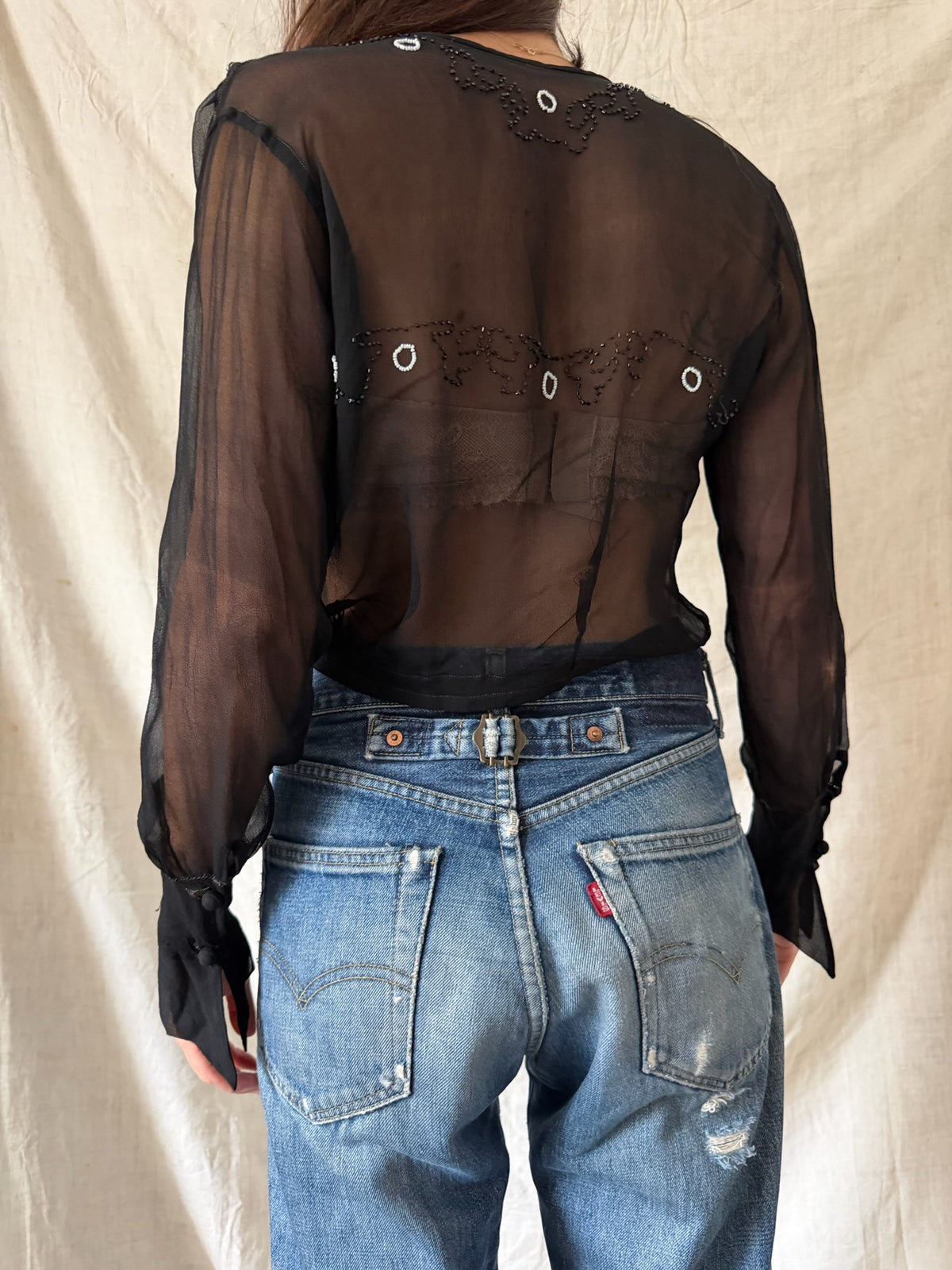 Antique Black Beaded Silk Blouse