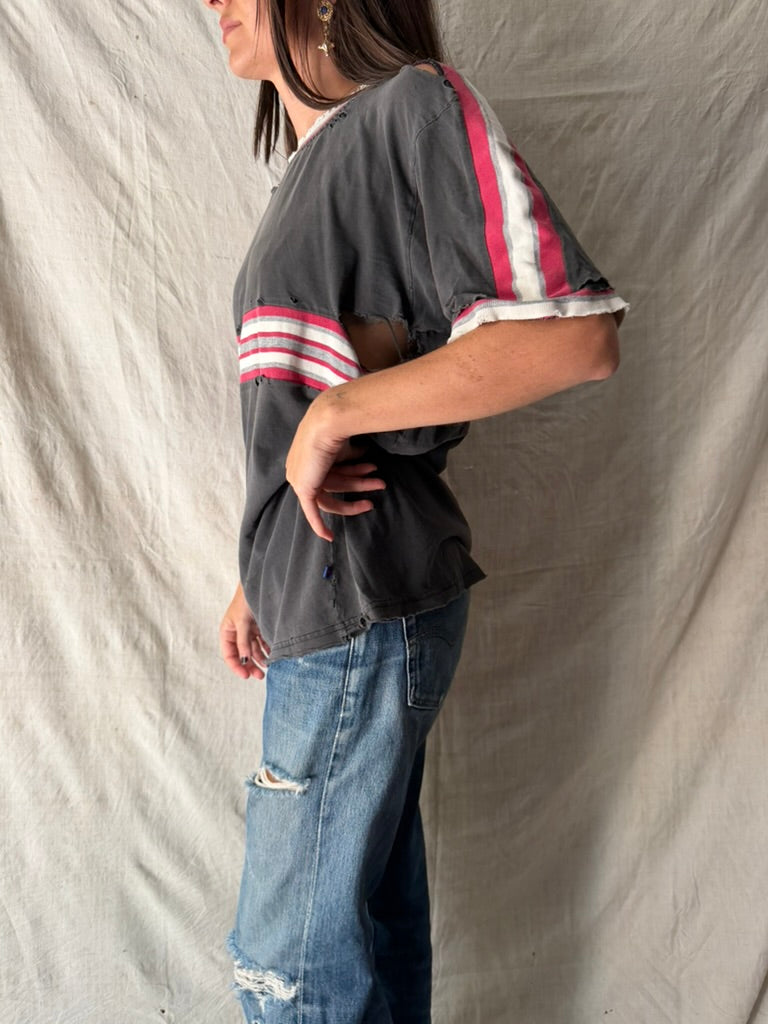 Super Distressed Grey + Red Striped Tee