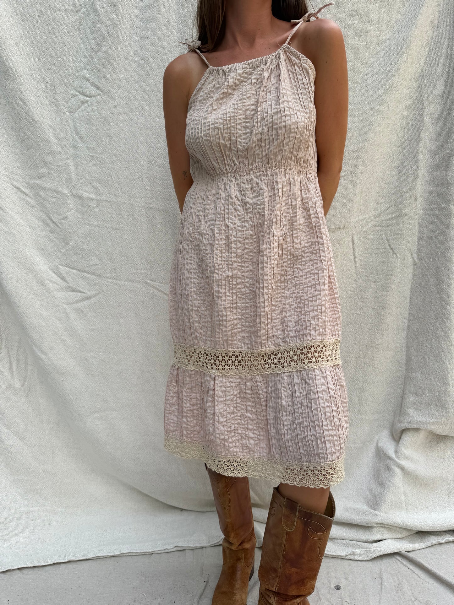 Dusty Rose 70s Crochet Tiered Dress