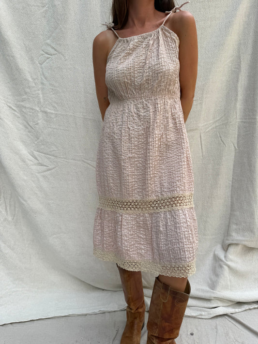 Dusty Rose 70s Crochet Tiered Dress
