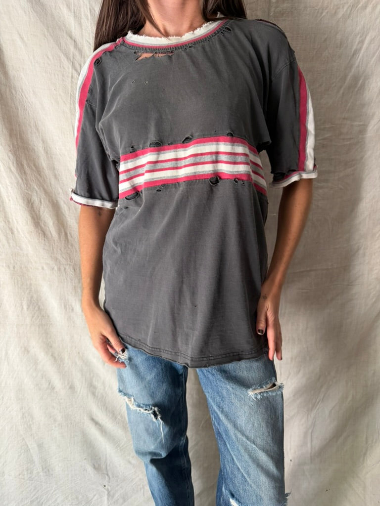 Super Distressed Grey + Red Striped Tee