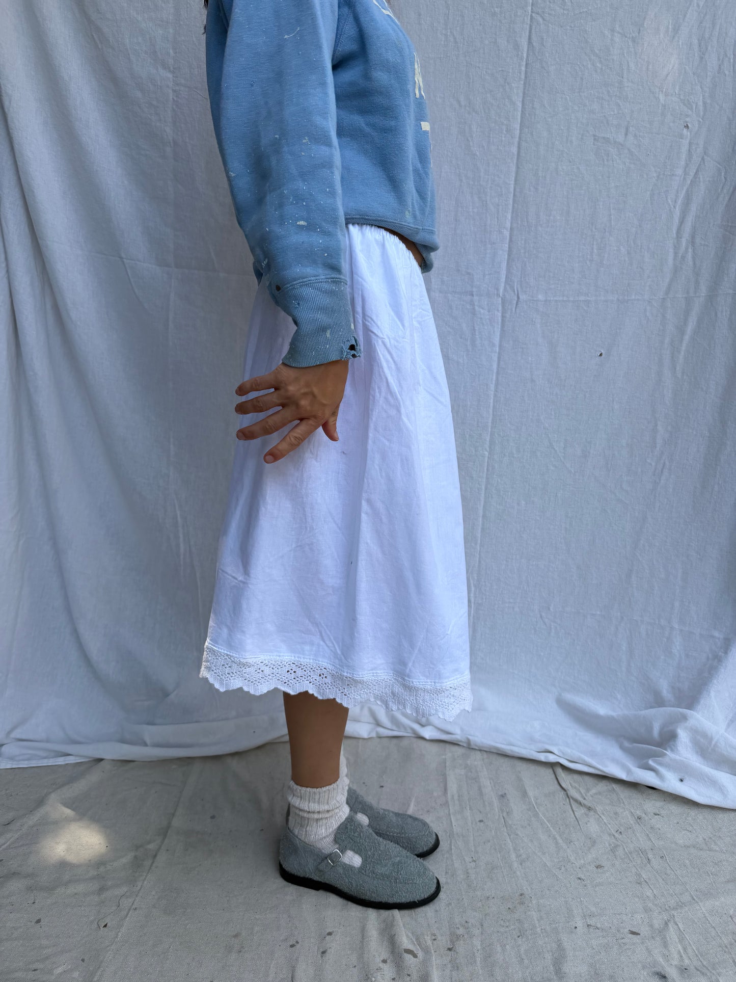 Antique Italian White Cotton Skirt w Crochet Scalloped Trim