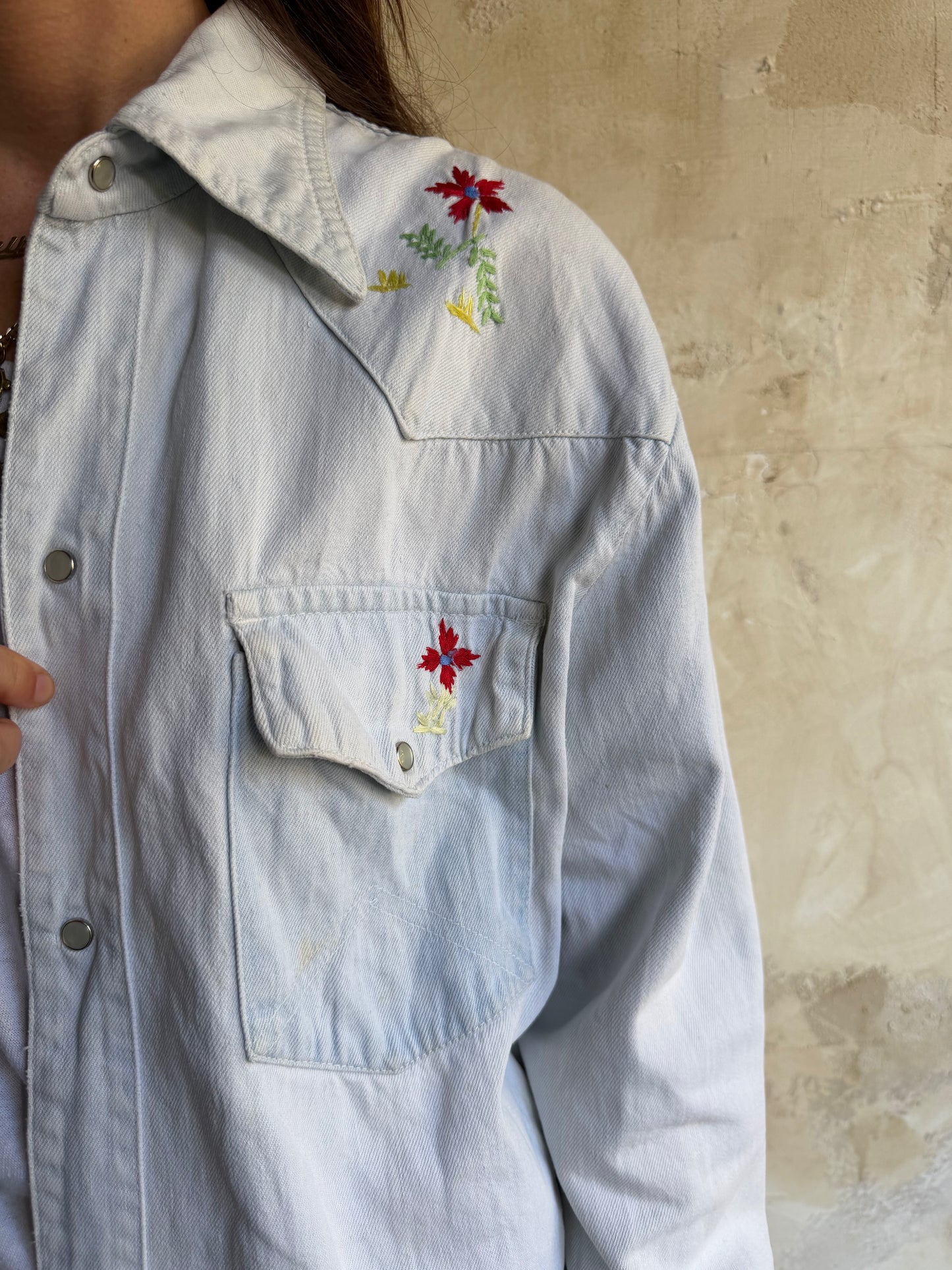 80s Hand Embroidered Light Wash Denim Button Up