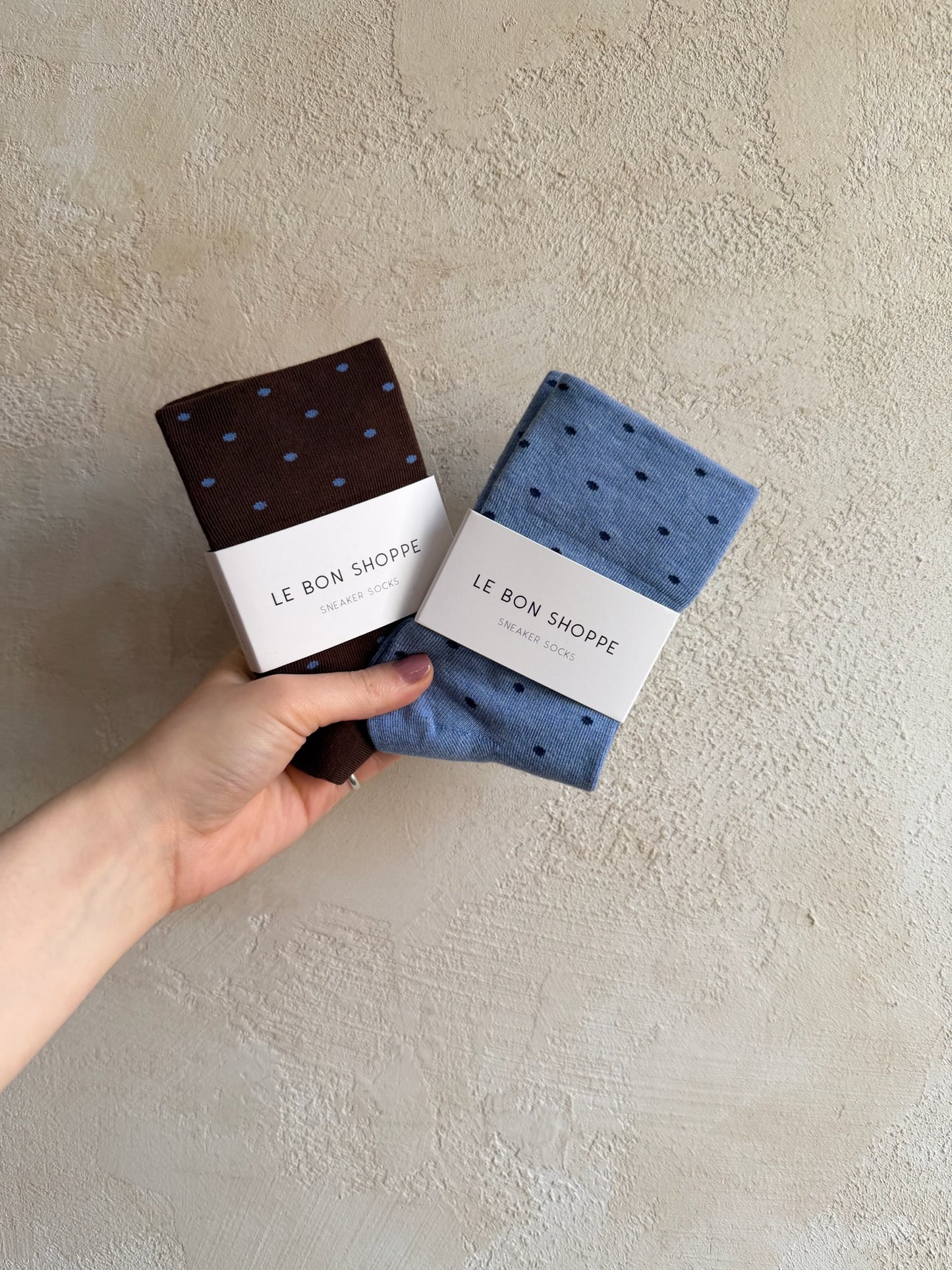 Patterned Sneaker Socks in Blue/Navy Polka Dot By Le Bon Shoppe