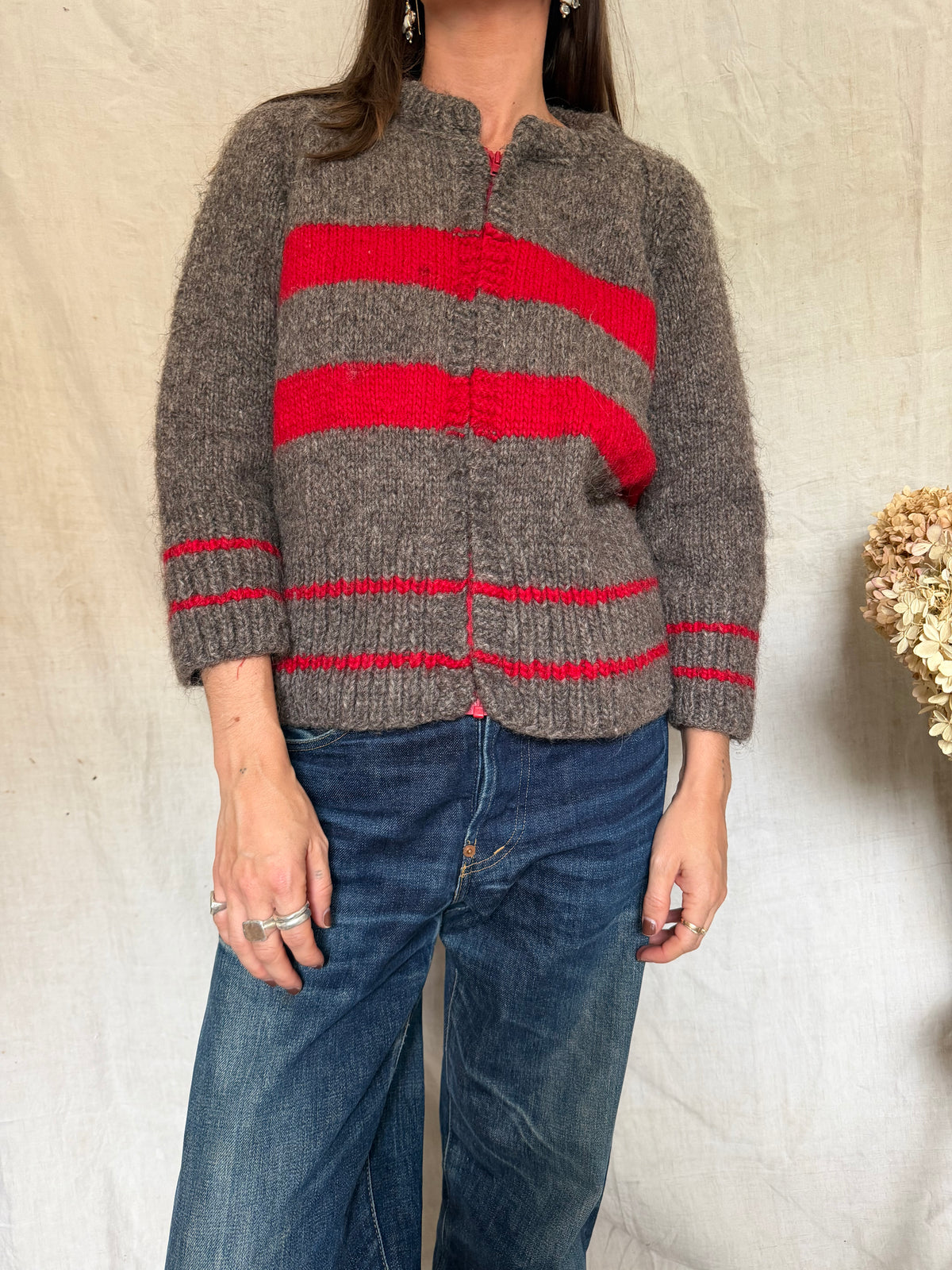 Handmade Striped Red and Fawn Sweater